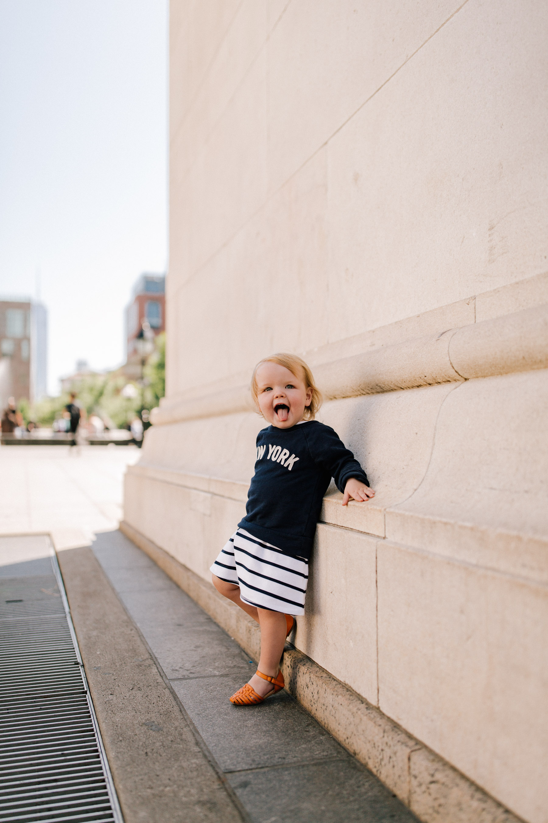 J.Crew "New York" Sweatshirt  / Huarache Sandals / Brown Leather Tote / Gap Kids Dress