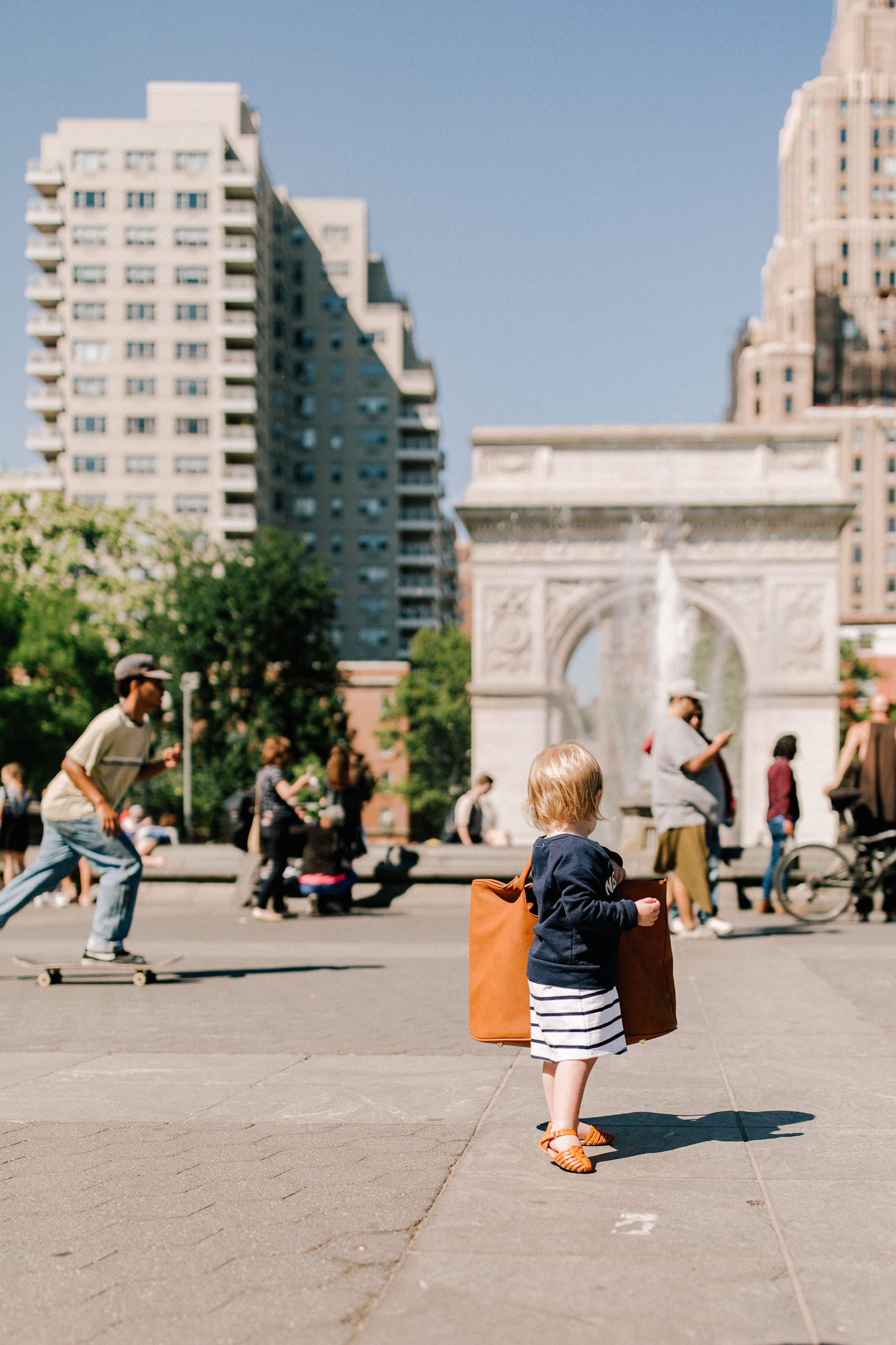 J.Crew "New York" Sweatshirt  / Huarache Sandals / Brown Leather Tote / Gap Kids Dress