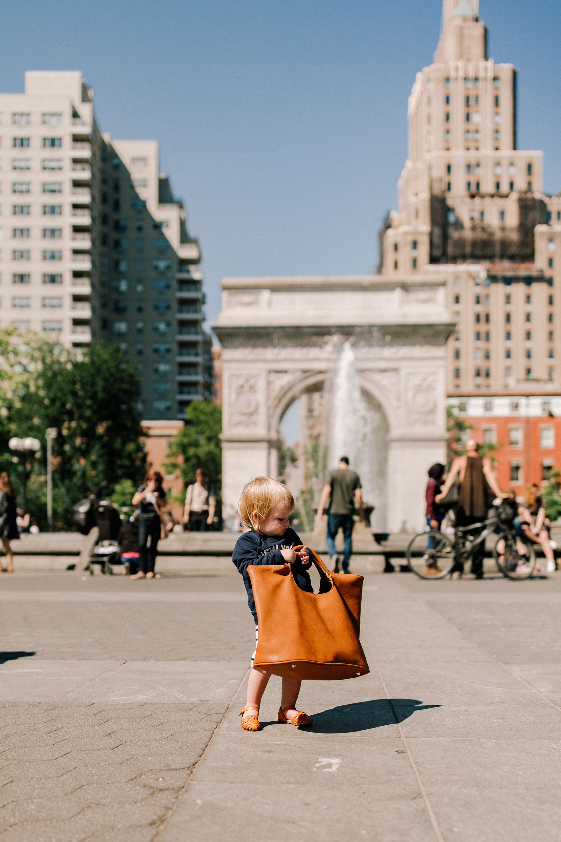 J.Crew "New York" Sweatshirt  / Huarache Sandals / Brown Leather Tote / Gap Kids Dress