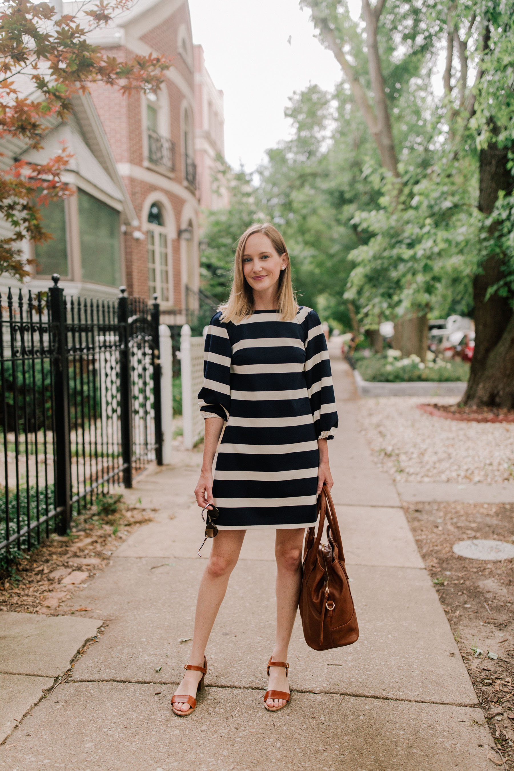 Navy Striped Dress / Leather Tote / Block Heel Sandals 