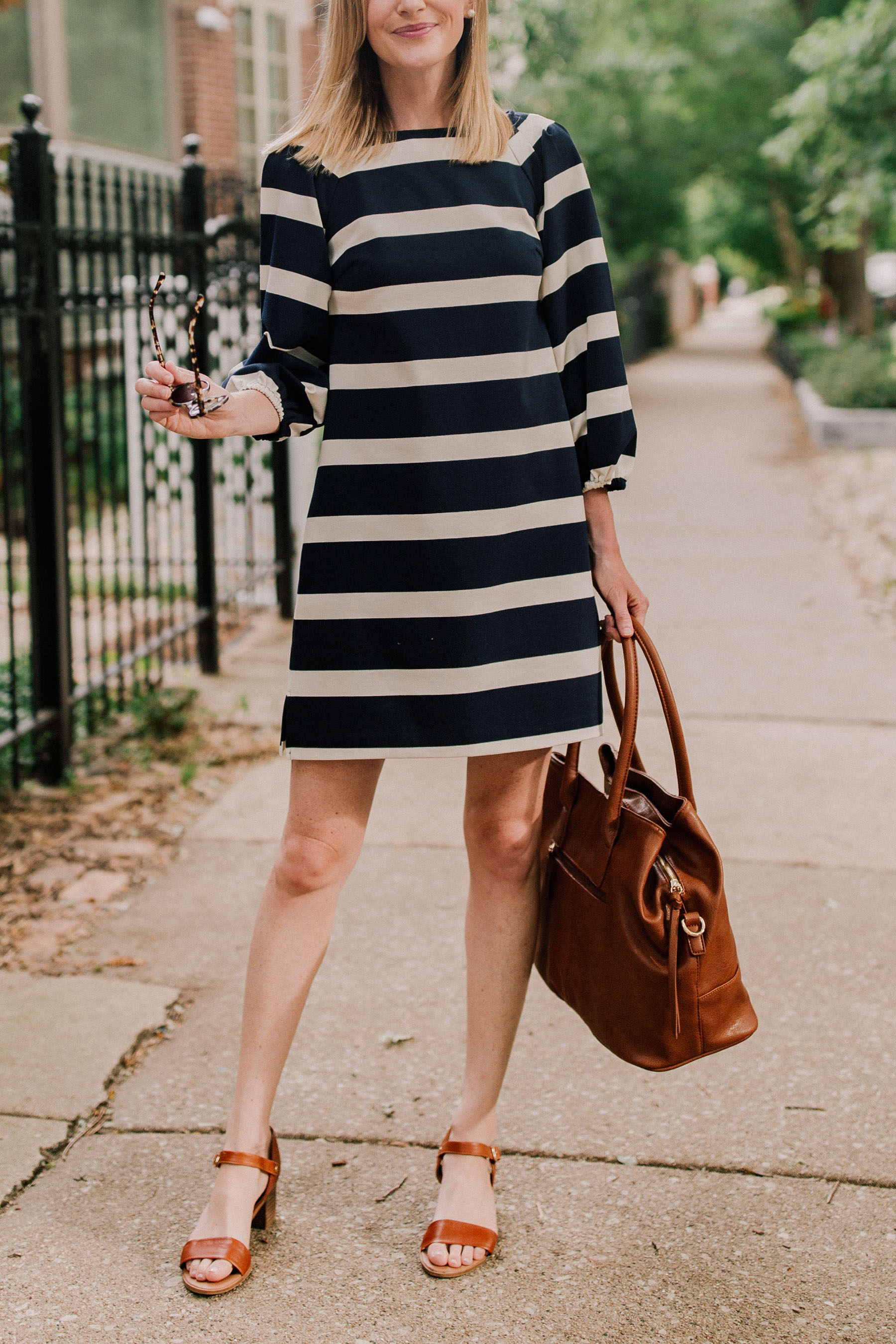 Navy Striped Dress / Leather Tote / Block Heel Sandals 