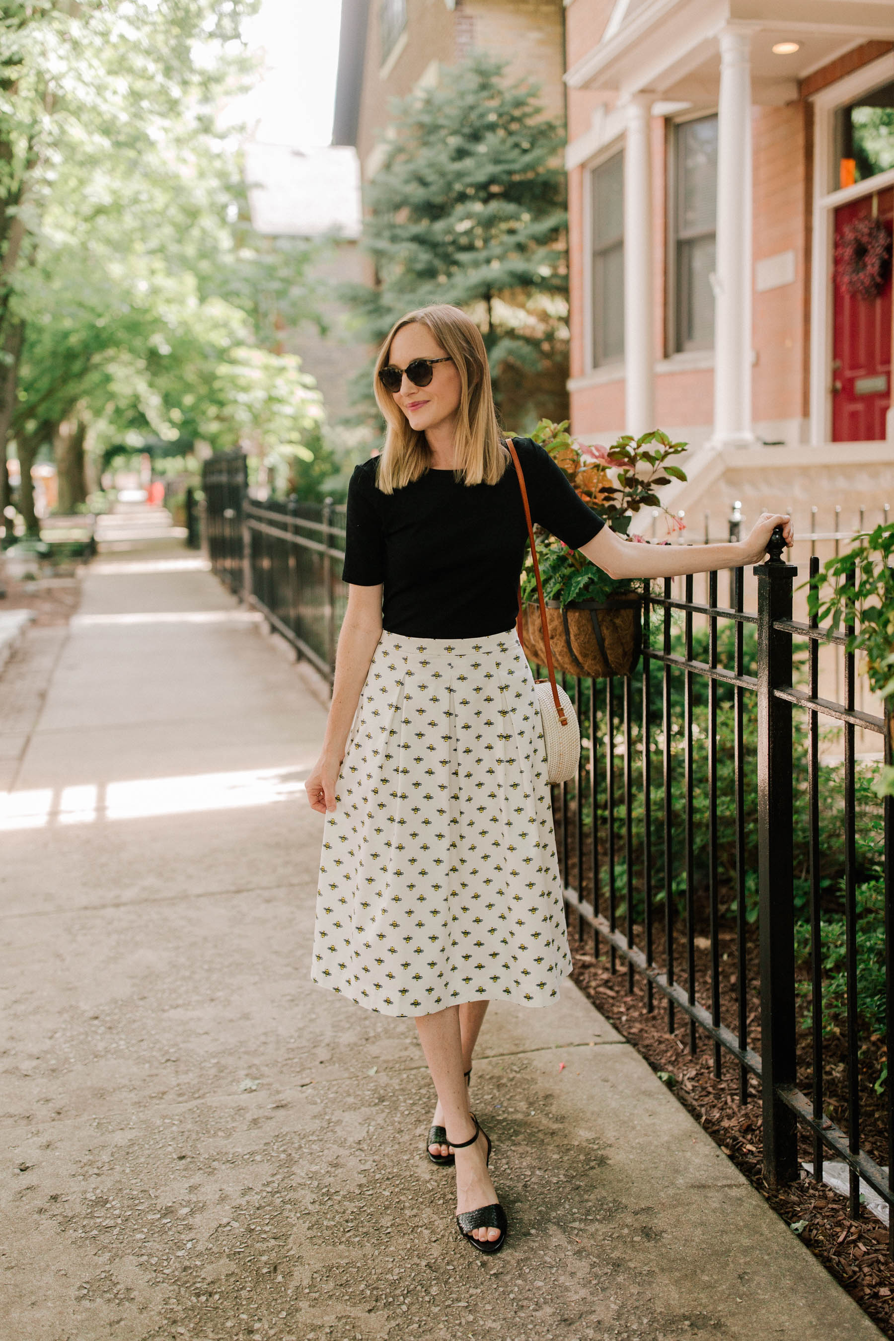 Bee Skirt (Also available at Boden.) / Perfect Tee / Current Favorite Black Sale Sandals  / woven bag - Kelly in the City