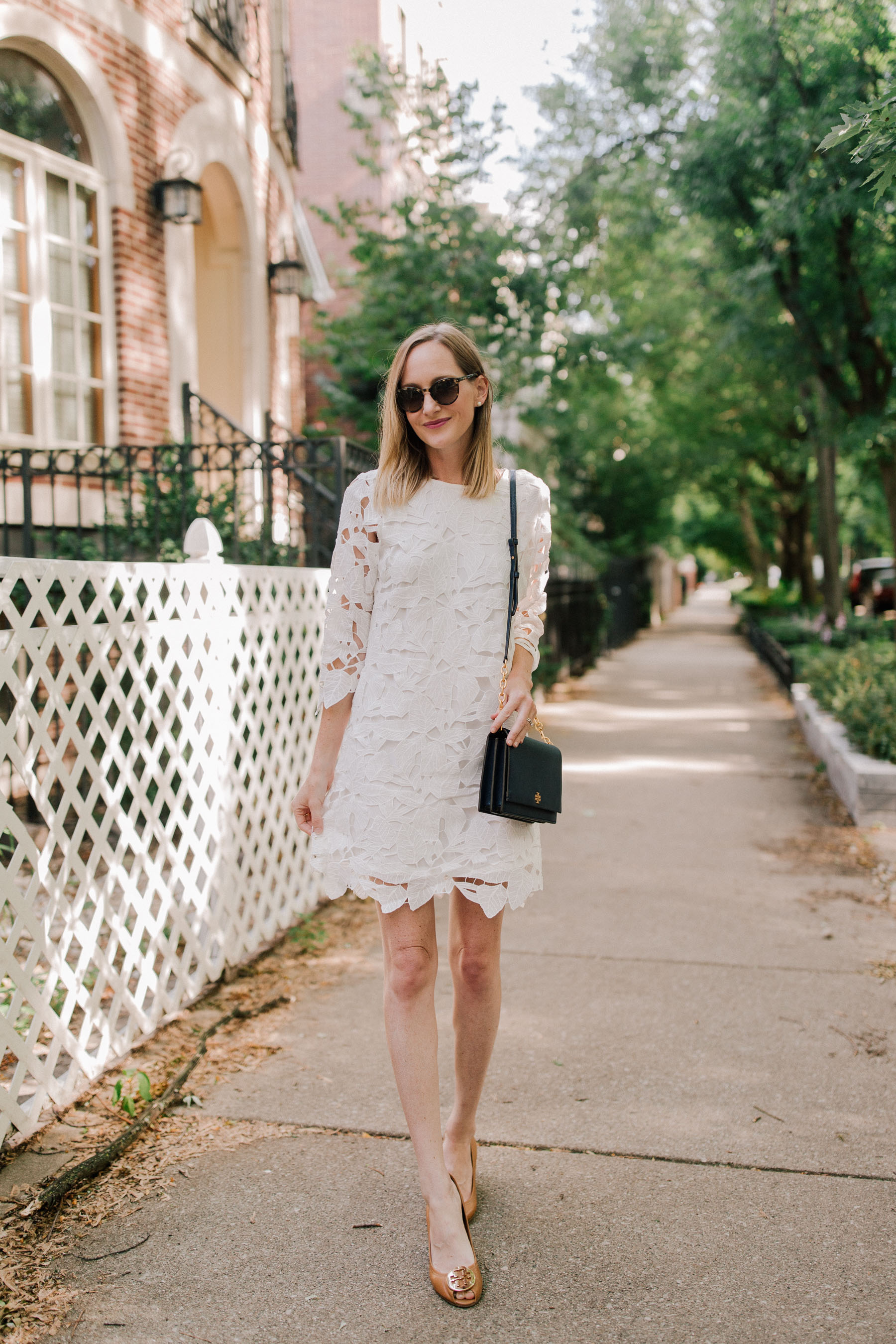 White Lace Dress / Tory Burch Navy Bag / Tory Burch Wedges - Nordstrom - Kelly in the City
