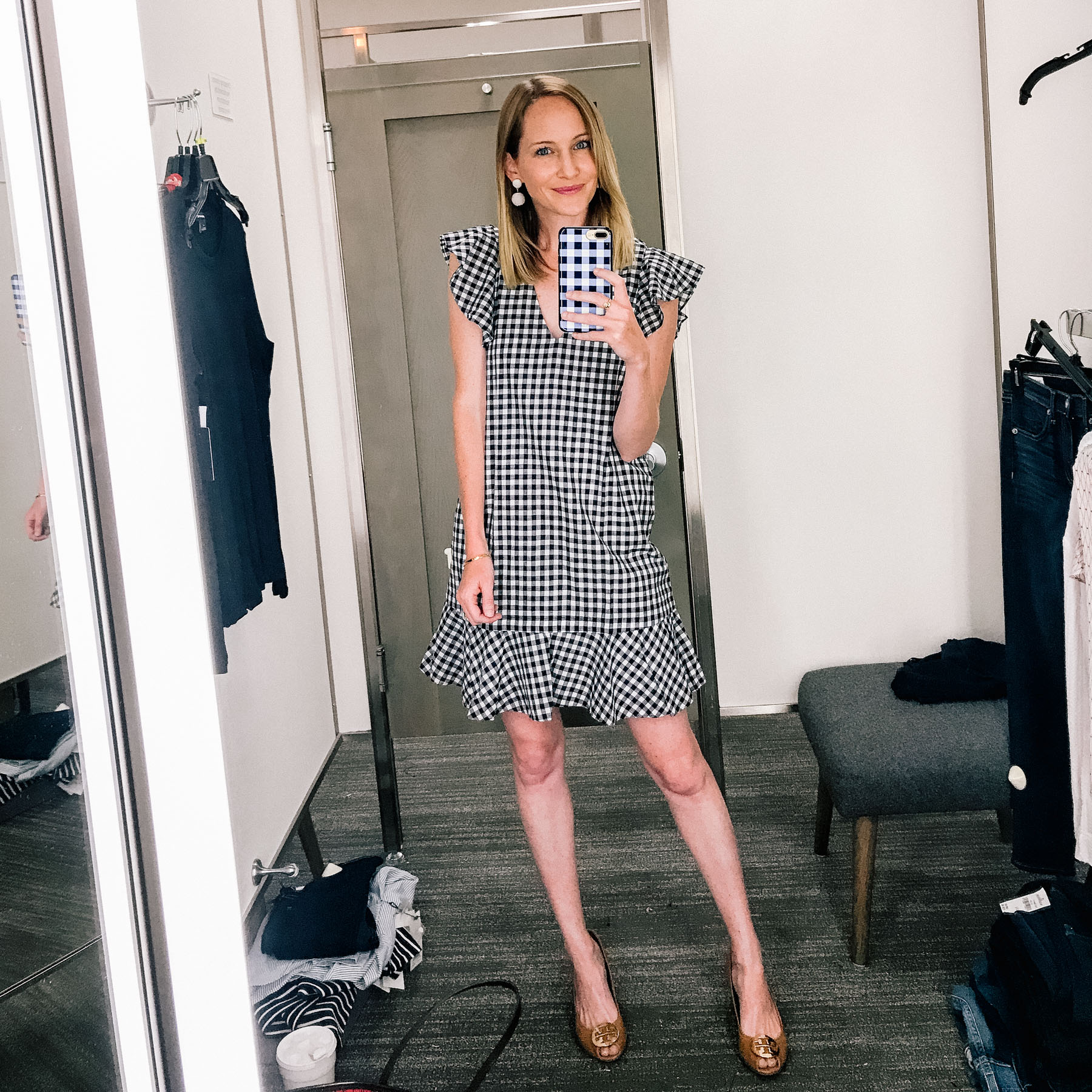 Navy Gingham Dress / Sale Version of the Tory Burch Pumps (And here are the flats!) / Tuckernuck Earrings / Gingham Phone Case
