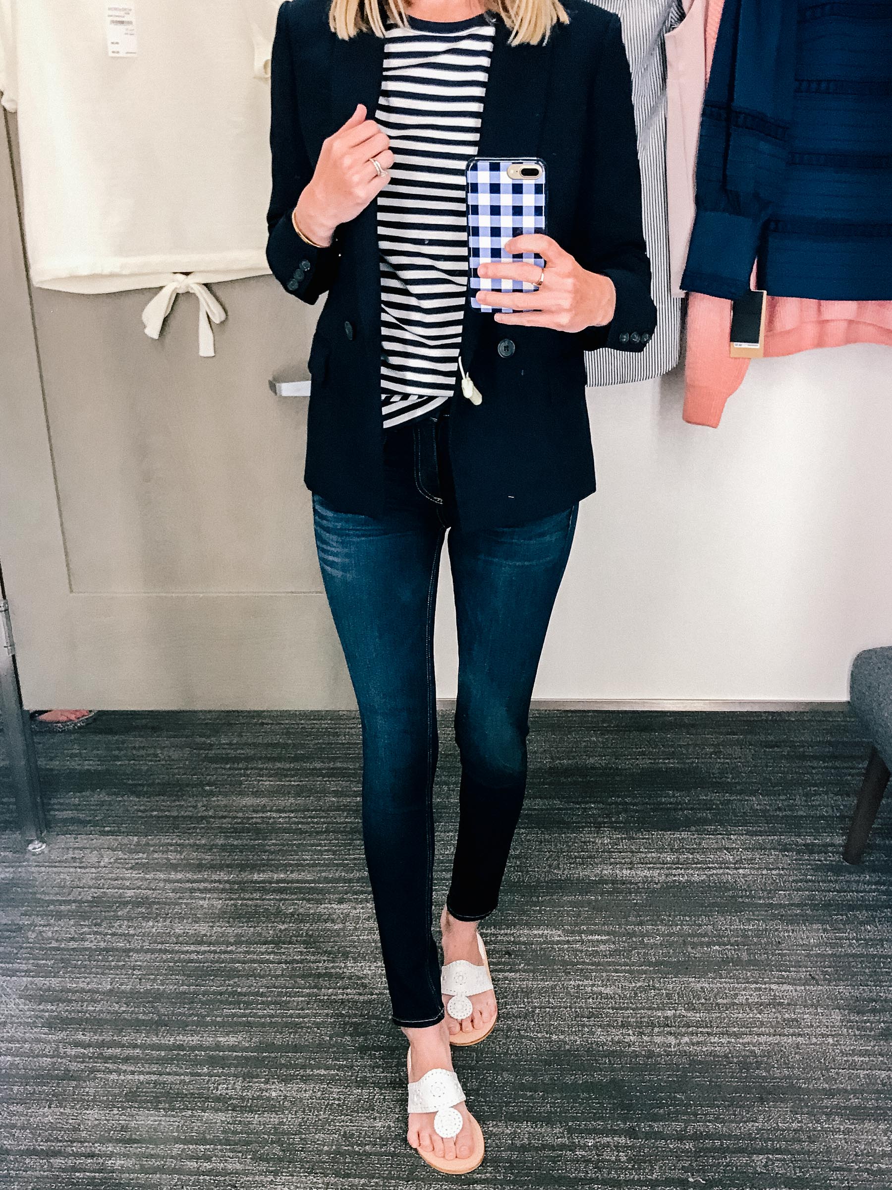 J.Crew Navy Blazer (I also recommend the Olivia Moon one! It's very cozy, since it's a knit material.) / 1901 Ringer Tee / Rag & Bone Skinny Jeans/ Monica Vinader Friendship Bracelet / Gingham Phone Case / Jack Rogers