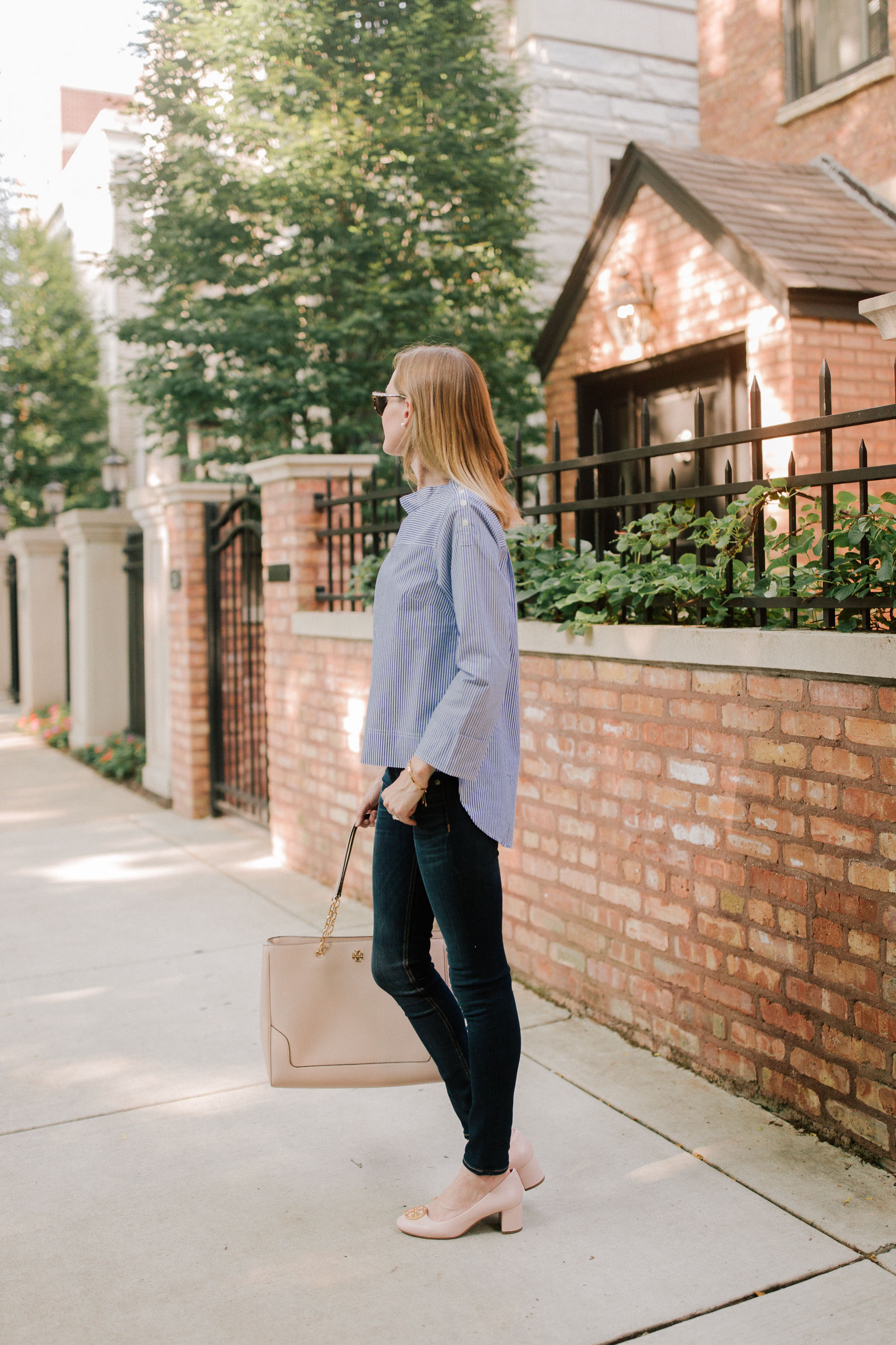 Tory Burch Benton Pumpv/ J.Crew Top (In solid here. J.Crew also carries it.) / Tory Burch Marsden Tote (Here's the mini!) / Rag & Bone Skinny Jeans /Monica Vinader Bracelet