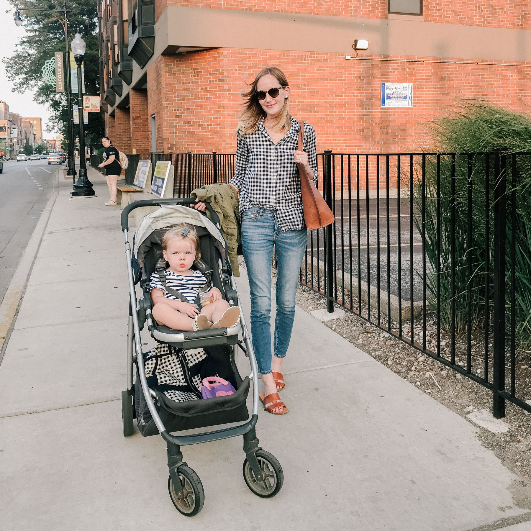 Gingham Shirt / J.Crew Factory Jeans / Everlane Sandals  / Faux Leather Tote / UppaBaby Stroller