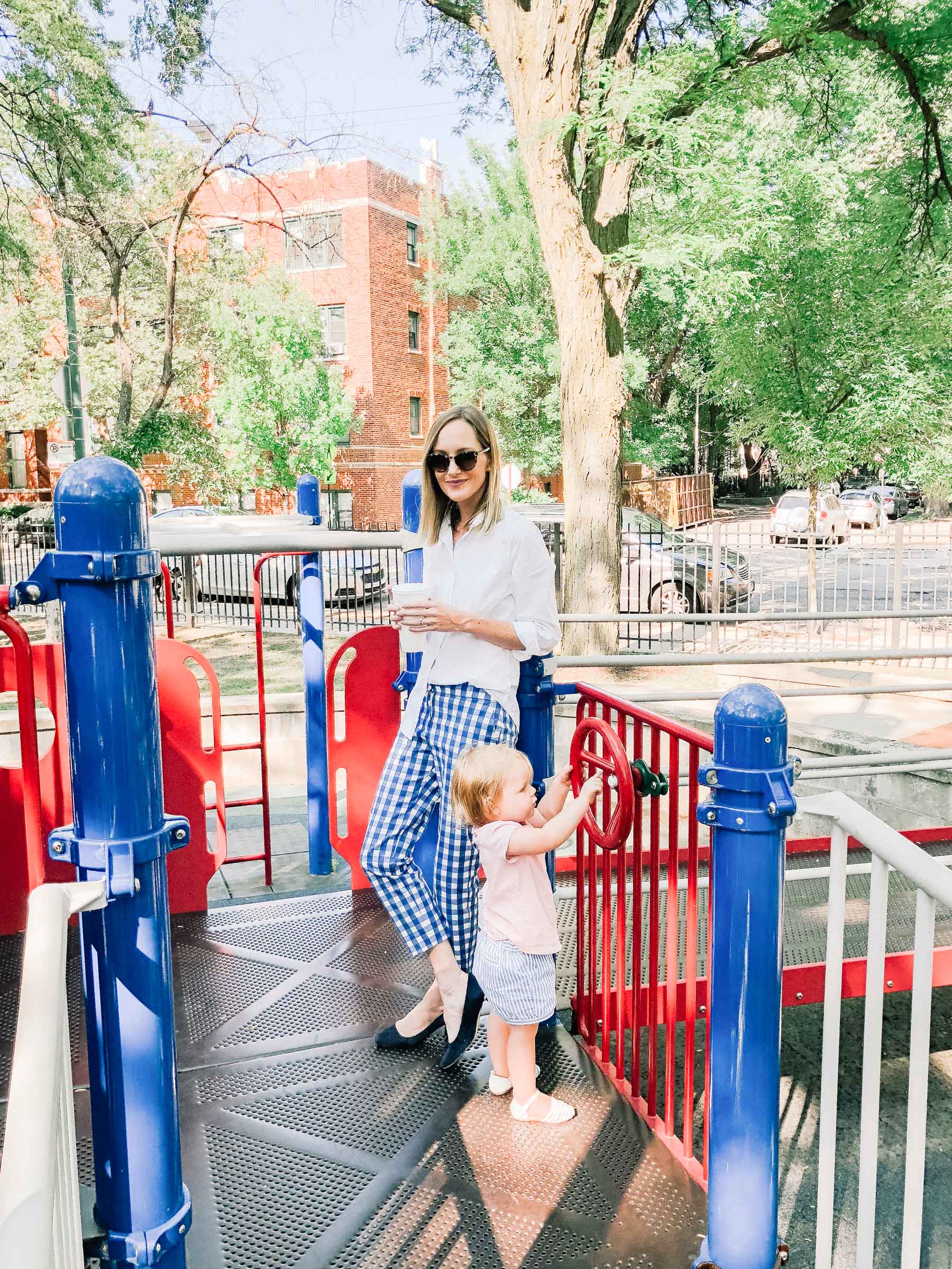 Gingham Pants / Oversized White Button-Down / Kate Spade Pumps / Tuckernuck Tote