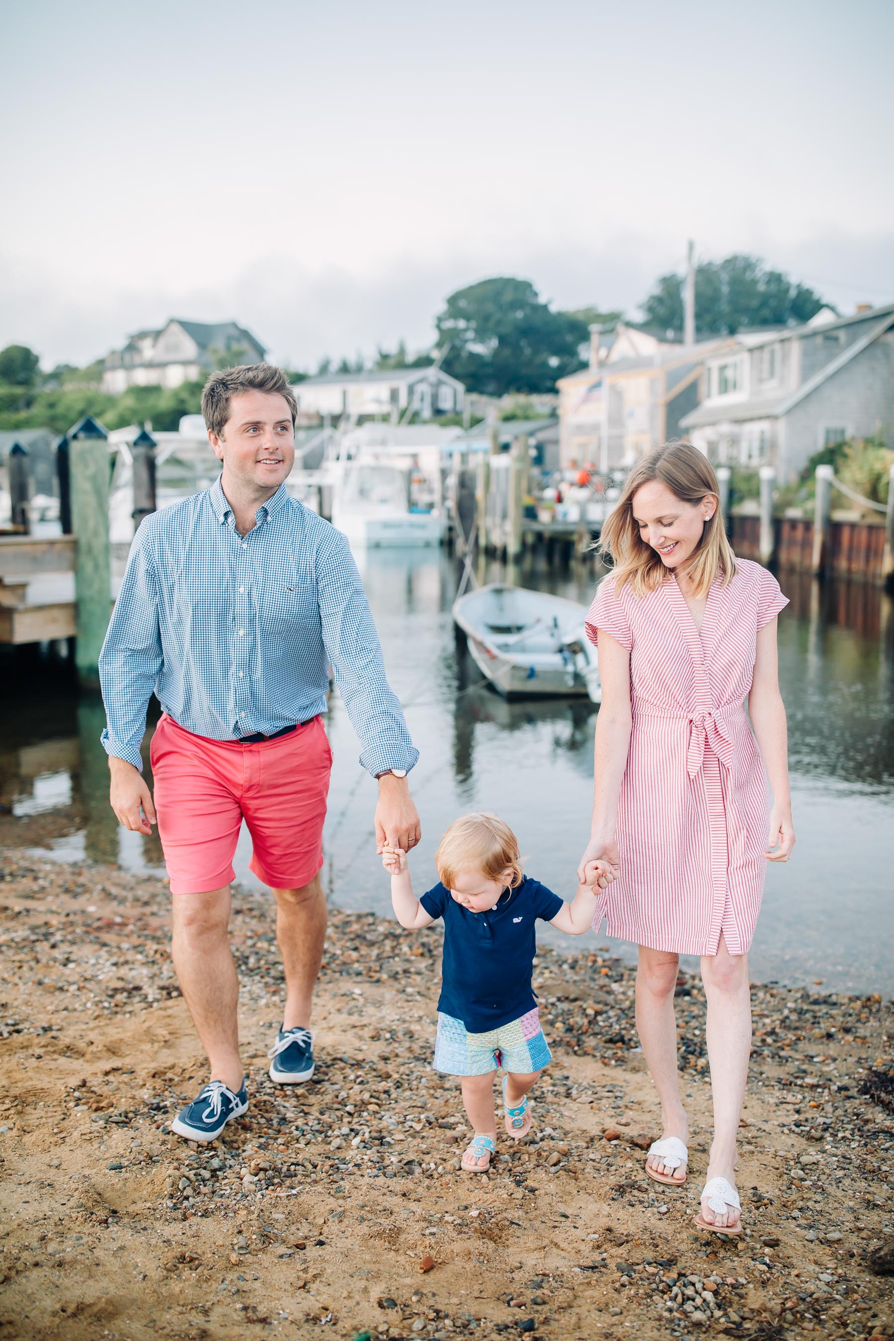 Seersucker Tie-Front Dress (On sale! In blue here.), Mitch's No-Wrinkle Shorts and No-Wrinkle Shirt, Emma's Shorts and Shirt c/o / Jack Rogers Sandals / Emma's Jack Rogers (Also on Nordstrom!) / Mitch's Sperrys (Old, but similar here.)