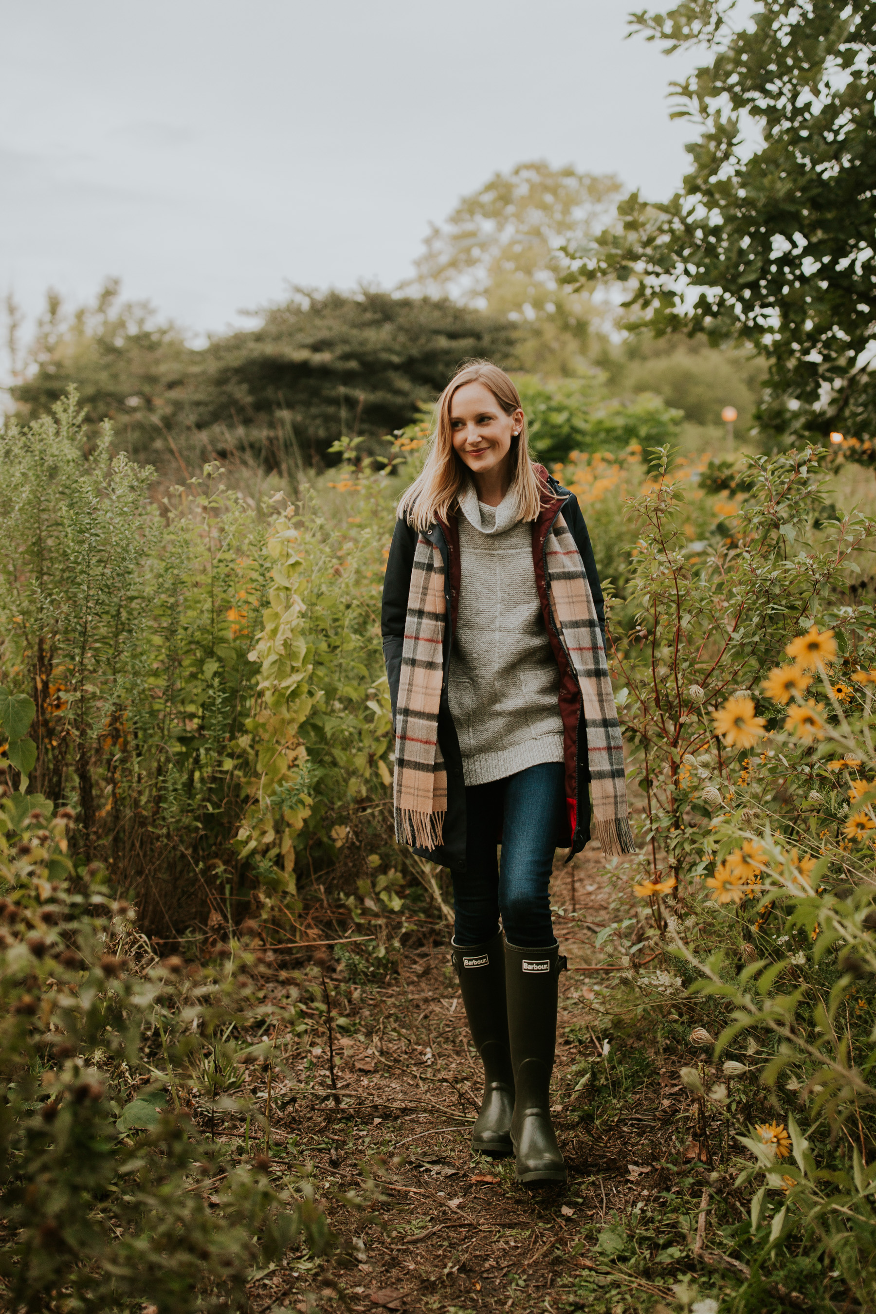 Barbour Altair Waterproof Jacket / Navy Isobar Waterproof Jacket  / Roll Collar Sweater / Wellington Boots / 