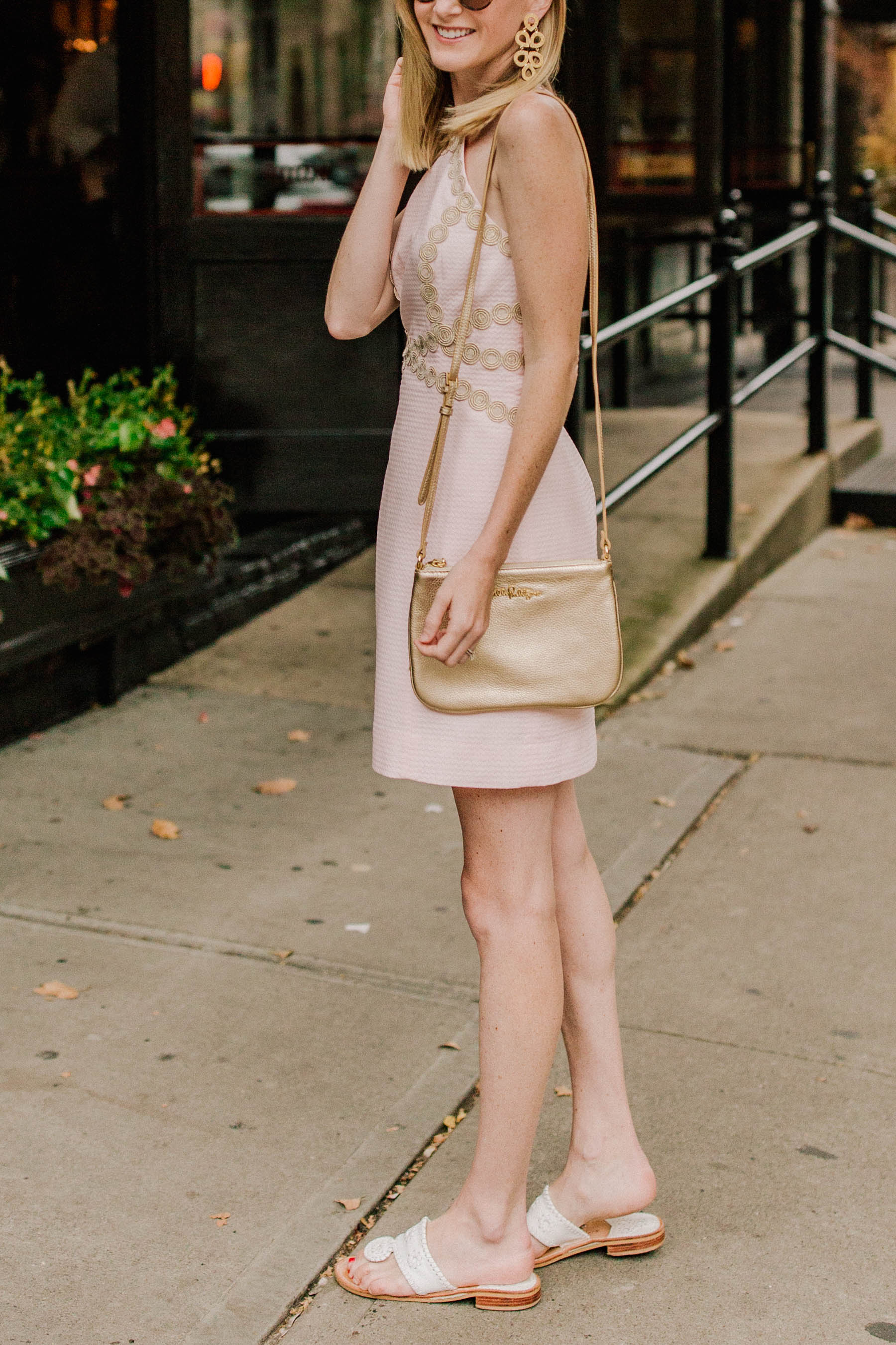 Lilly Pulitzer Pearl Shift Dress / Jack Rogers Sandals  / Lisi Lerch Earrings