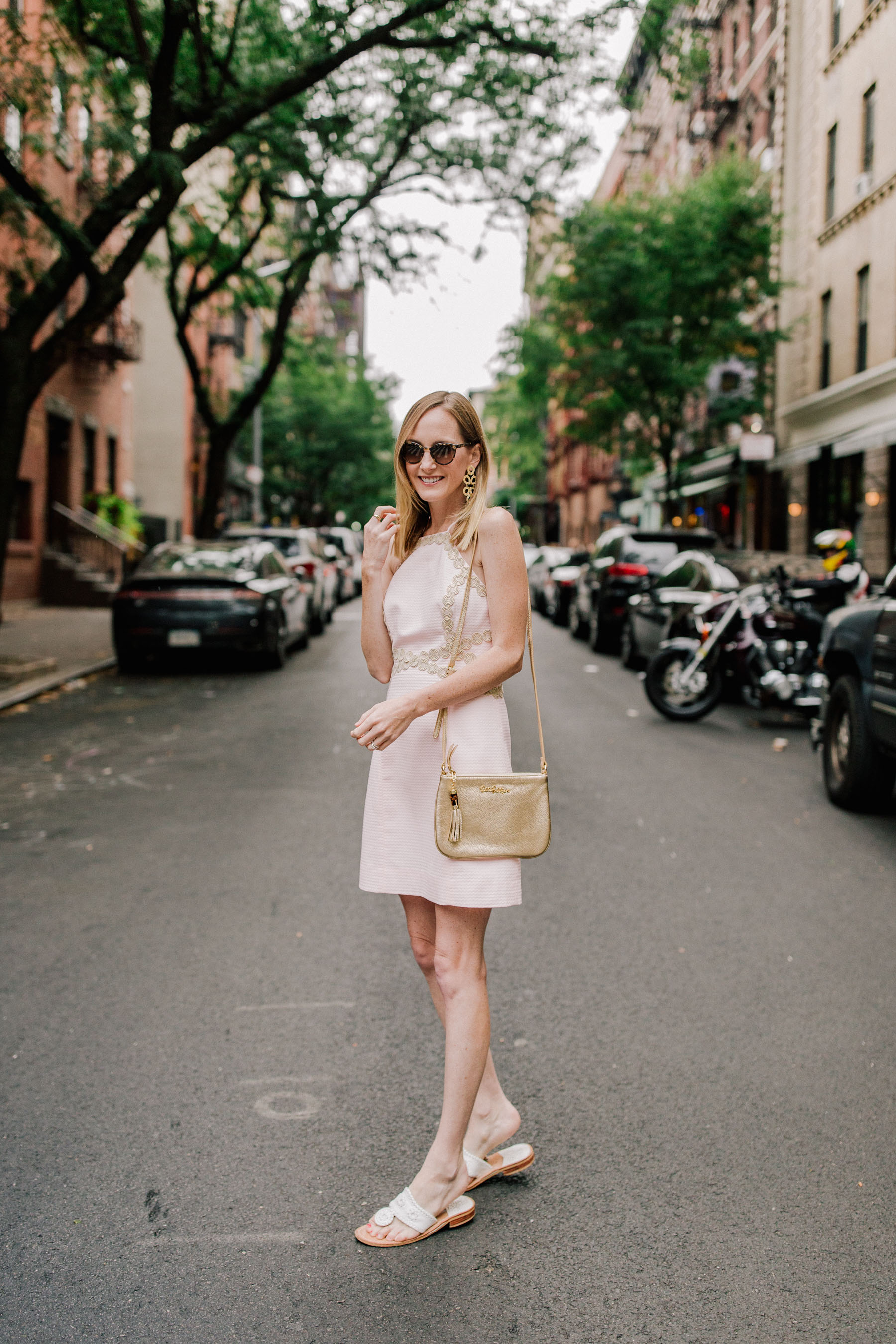 Lilly Pulitzer Pearl Shift Dress / Jack Rogers Sandals  / Lisi Lerch Earrings