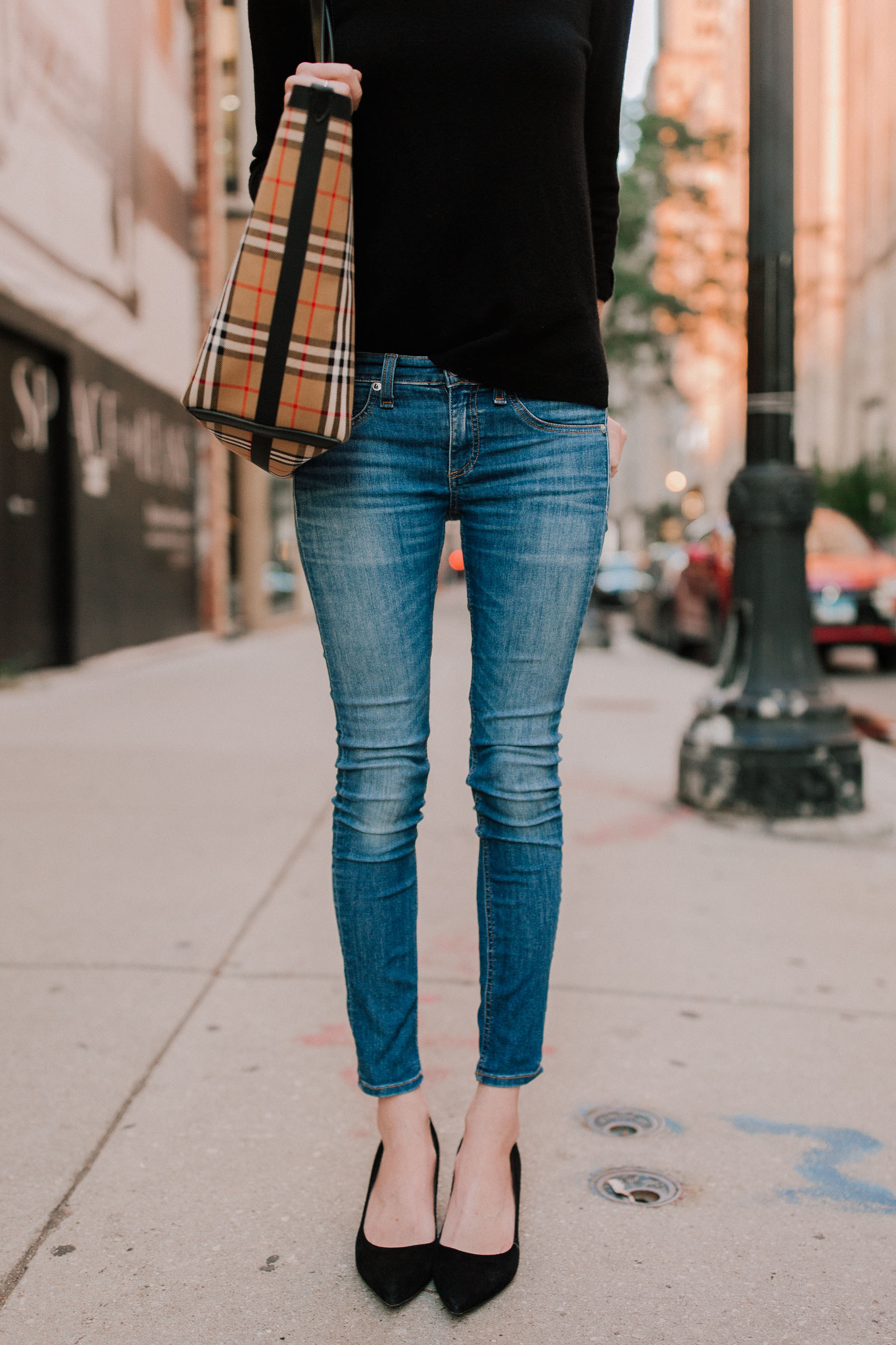 Rag & Bone Jeans / Kate Spade Pumps / Burberry Tote /  Black Cashmere Sweater - Kelly in the City