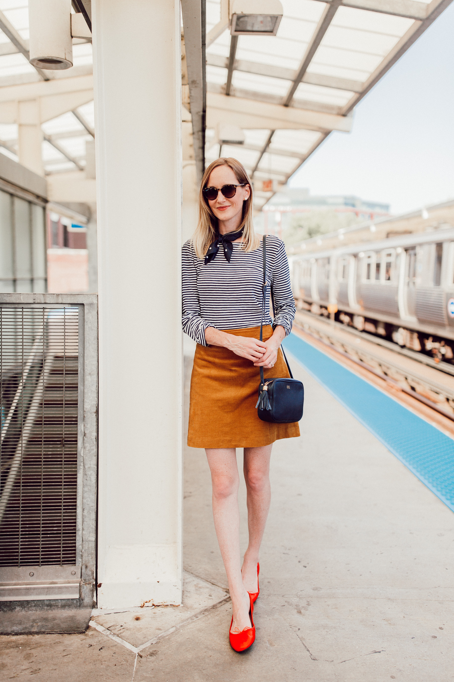 Corduroy Skirt / Striped Tee / Monogrammed Crossbody / Red Flats - Kelly in the City