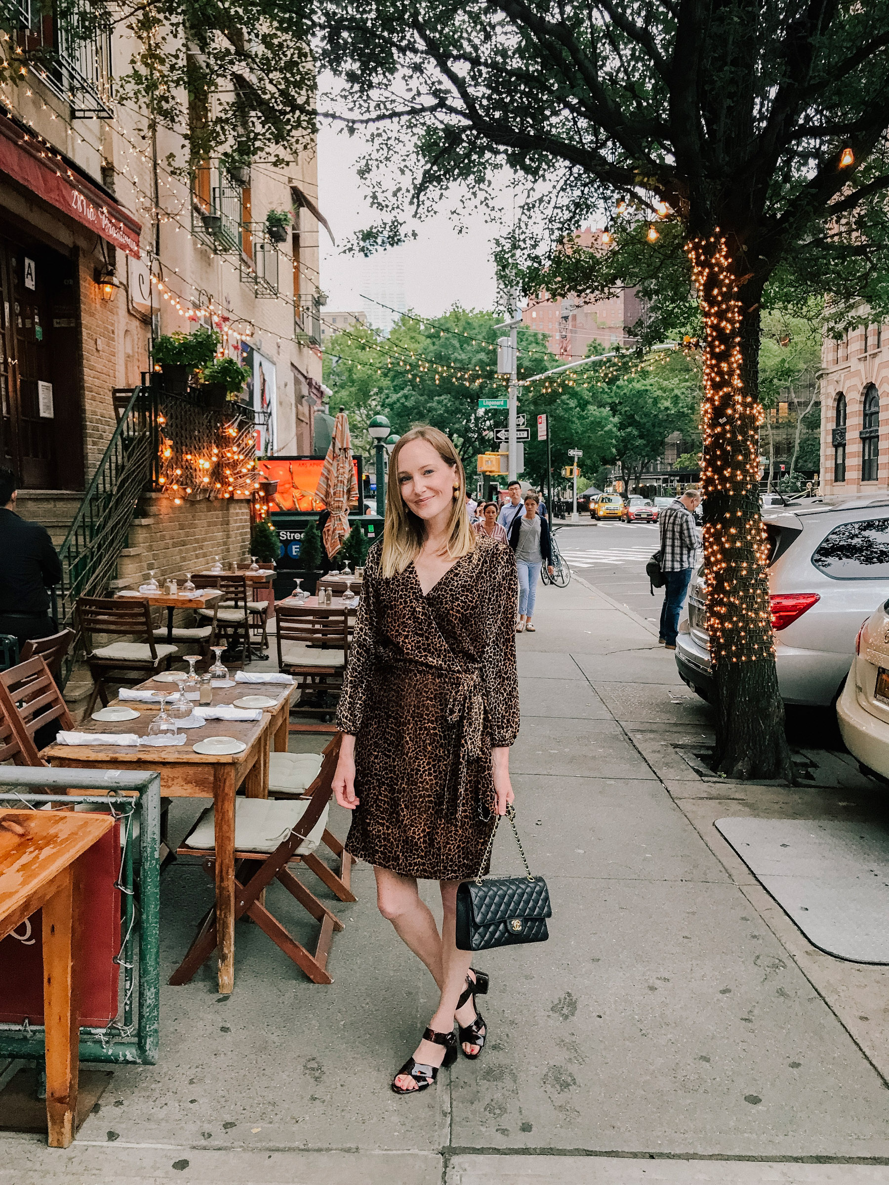 Velvet Leopard Wrap Dress  / Tortoise Sandals / Chanel Bag