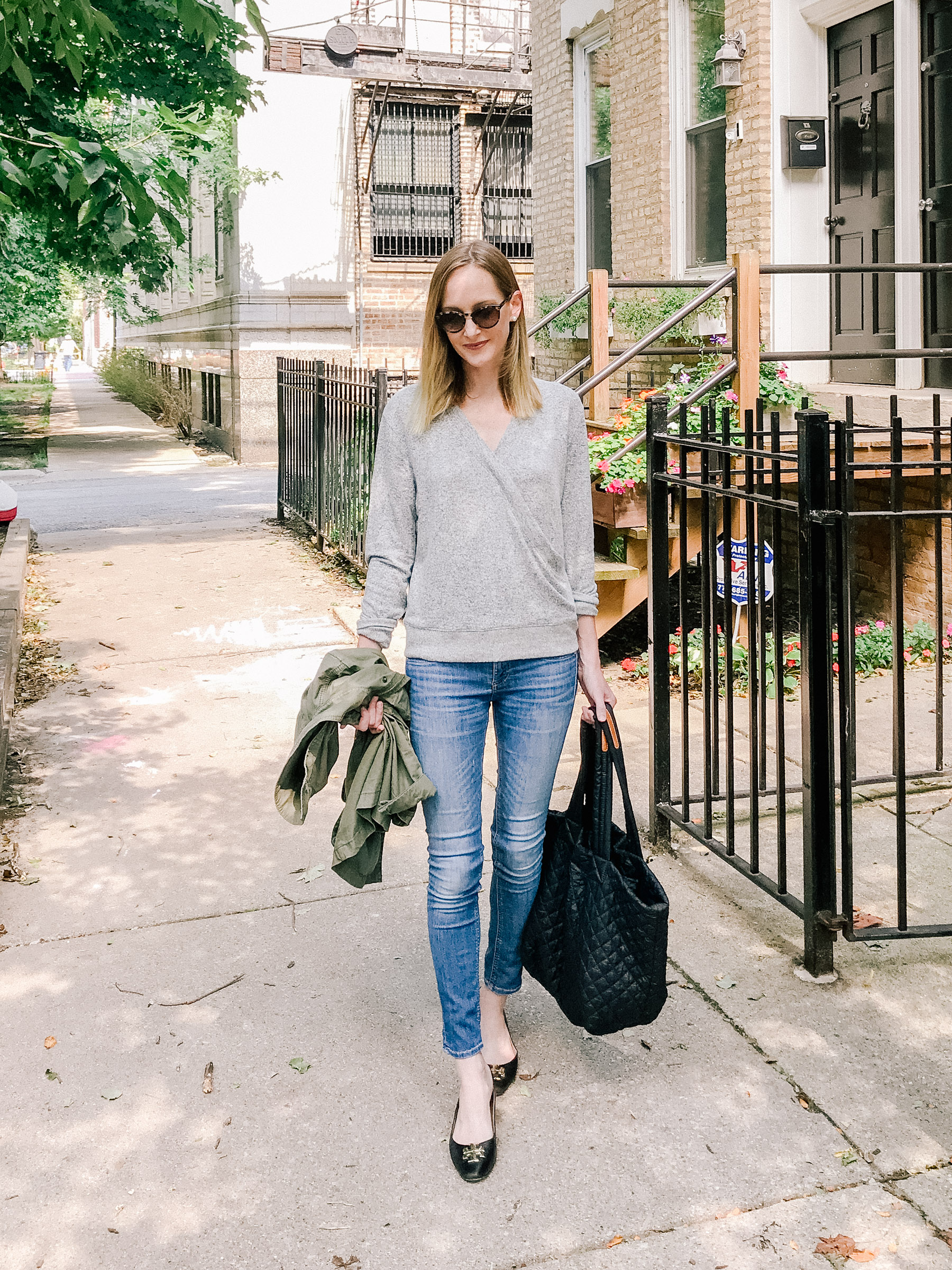 Supersoft Wrap Top / Favorite Light-Colored Jeans / Newer Tory Burch Flats