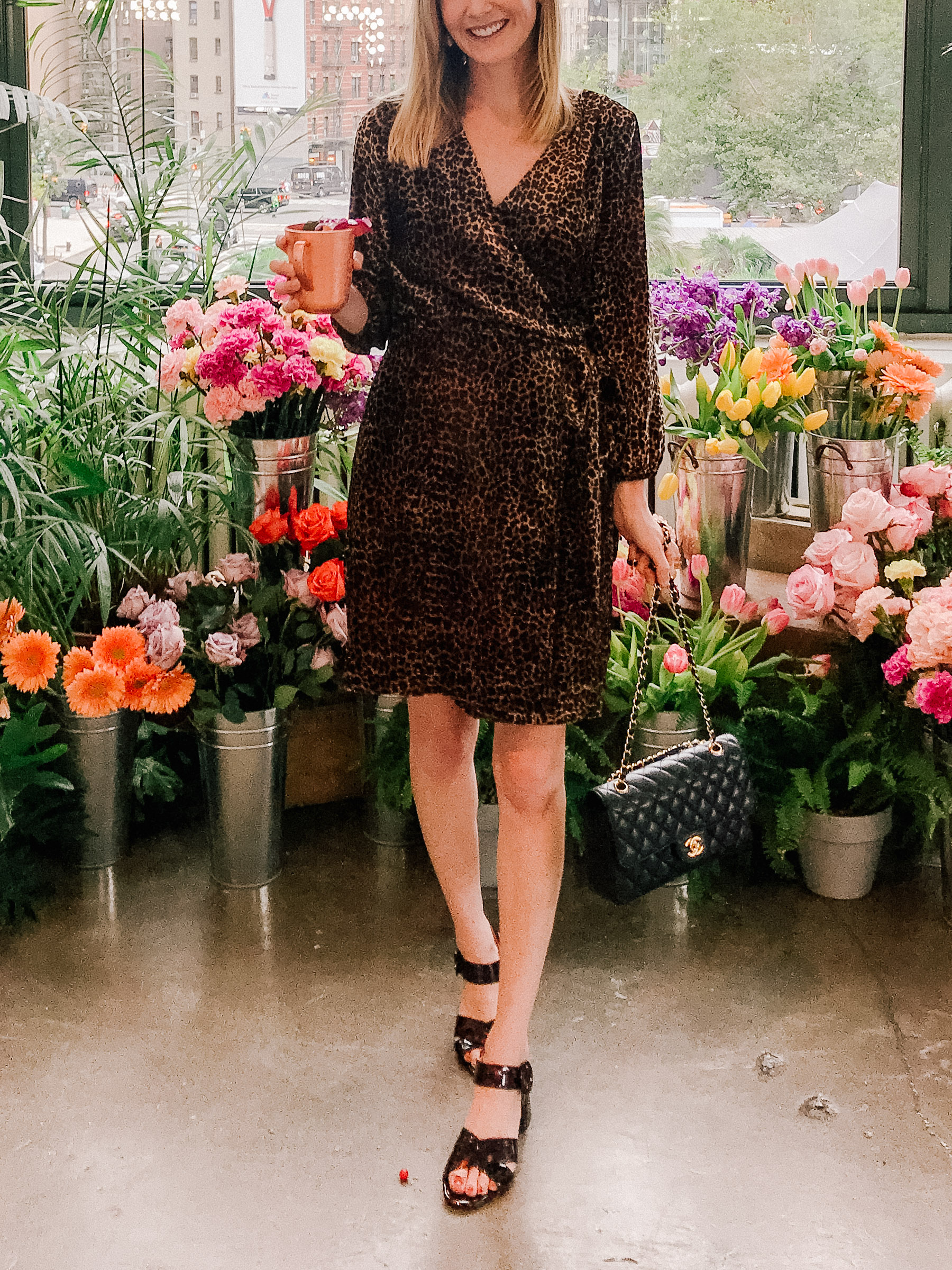 Velvet Leopard Wrap Dress  / Tortoise Sandals / Chanel Bag