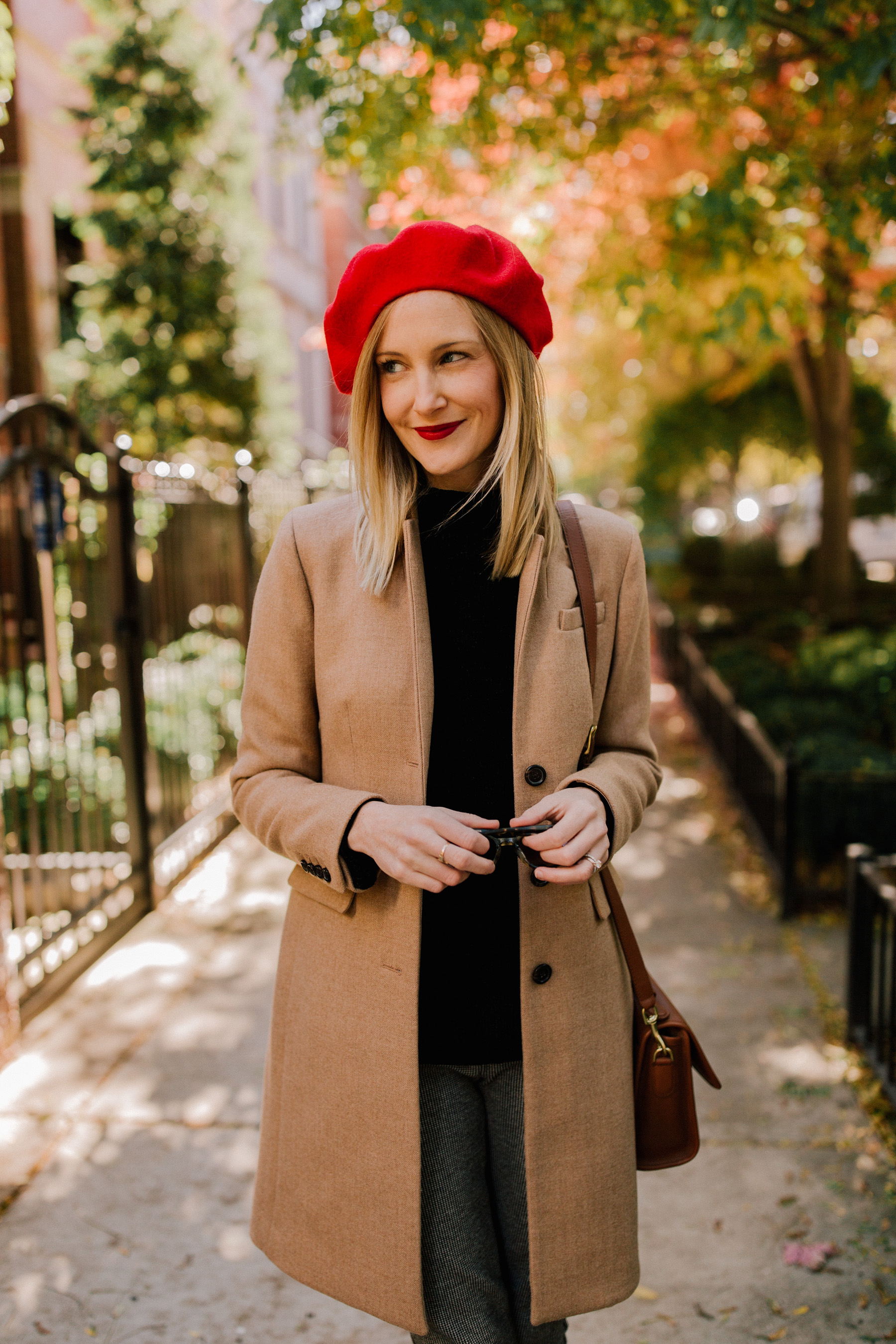 Houndstooth Leggings c/o / Beret / Softest Black Sweater c/o / Coach “Court” Bag /