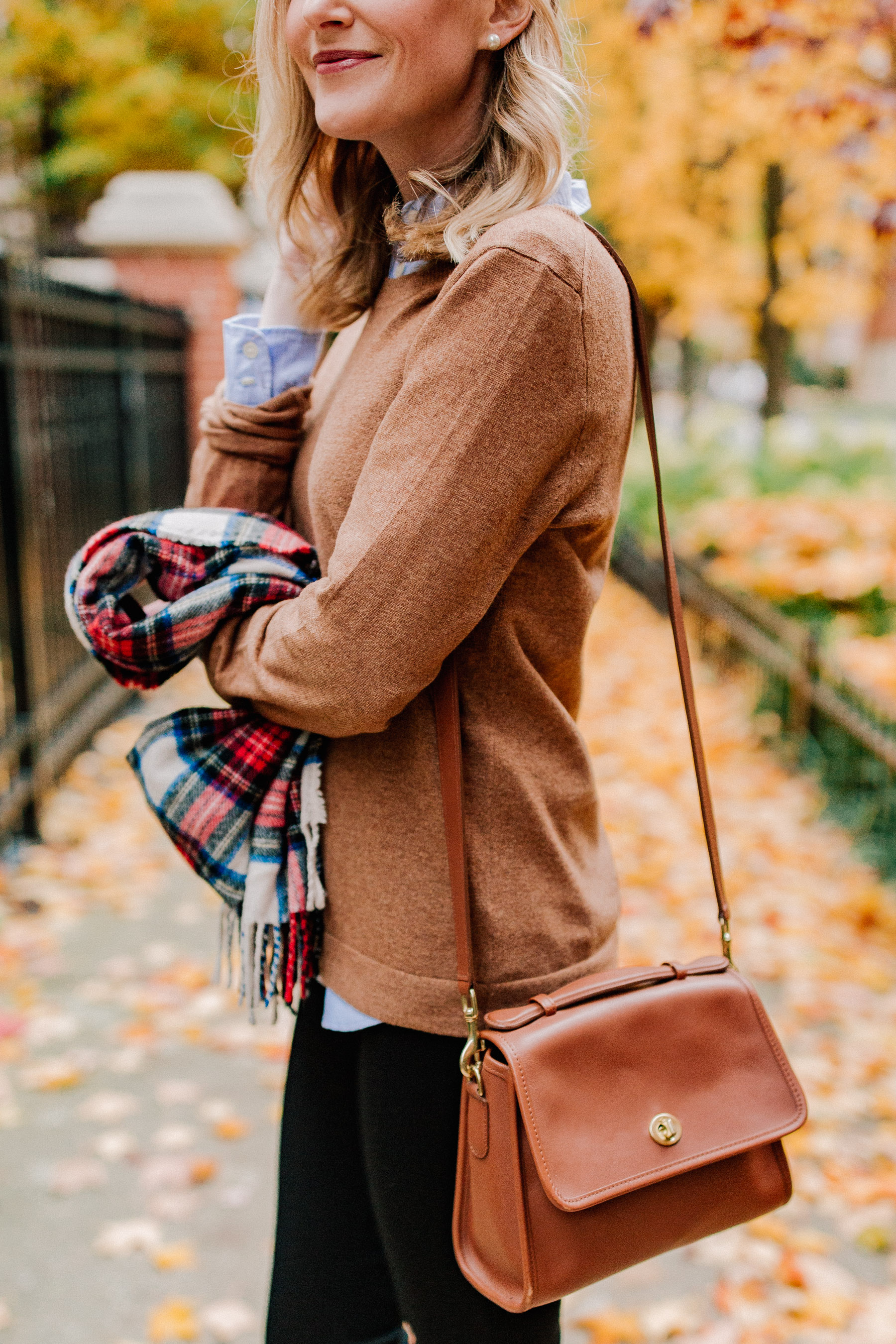  Camel Sweater / Oxford Button-Down / Black Skinny Jeans 