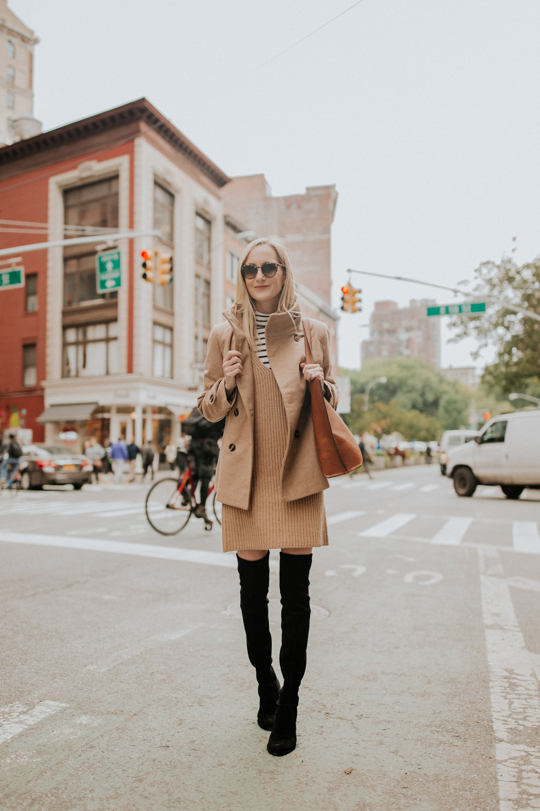 $38 Peacoat / Camel Sweater Dress / $49 Faux Leather Tote / Stuart Weitzman Boots