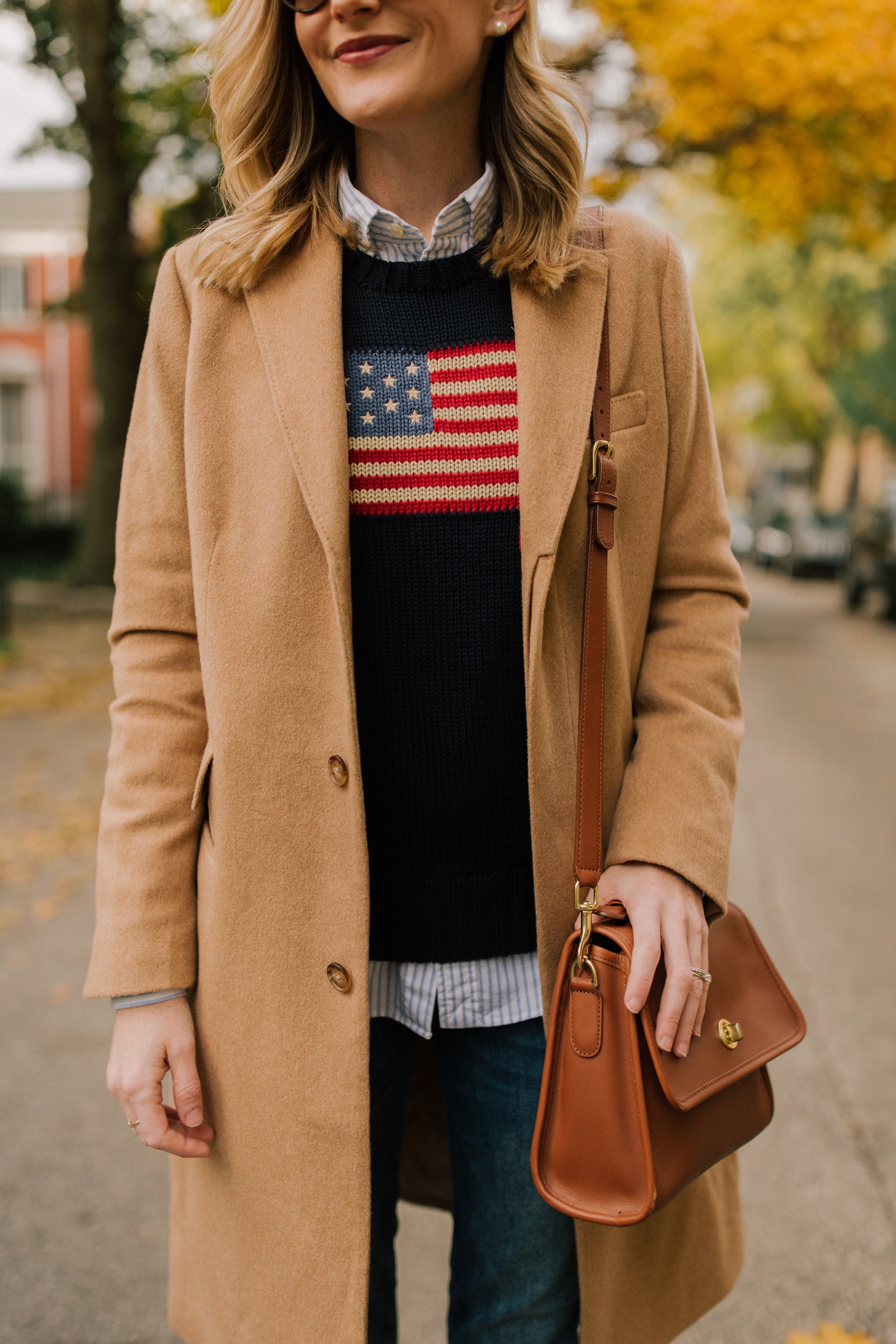 On Kelly: Ralph Lauren American Flag Sweater, Camel Coat, Striped Button Down