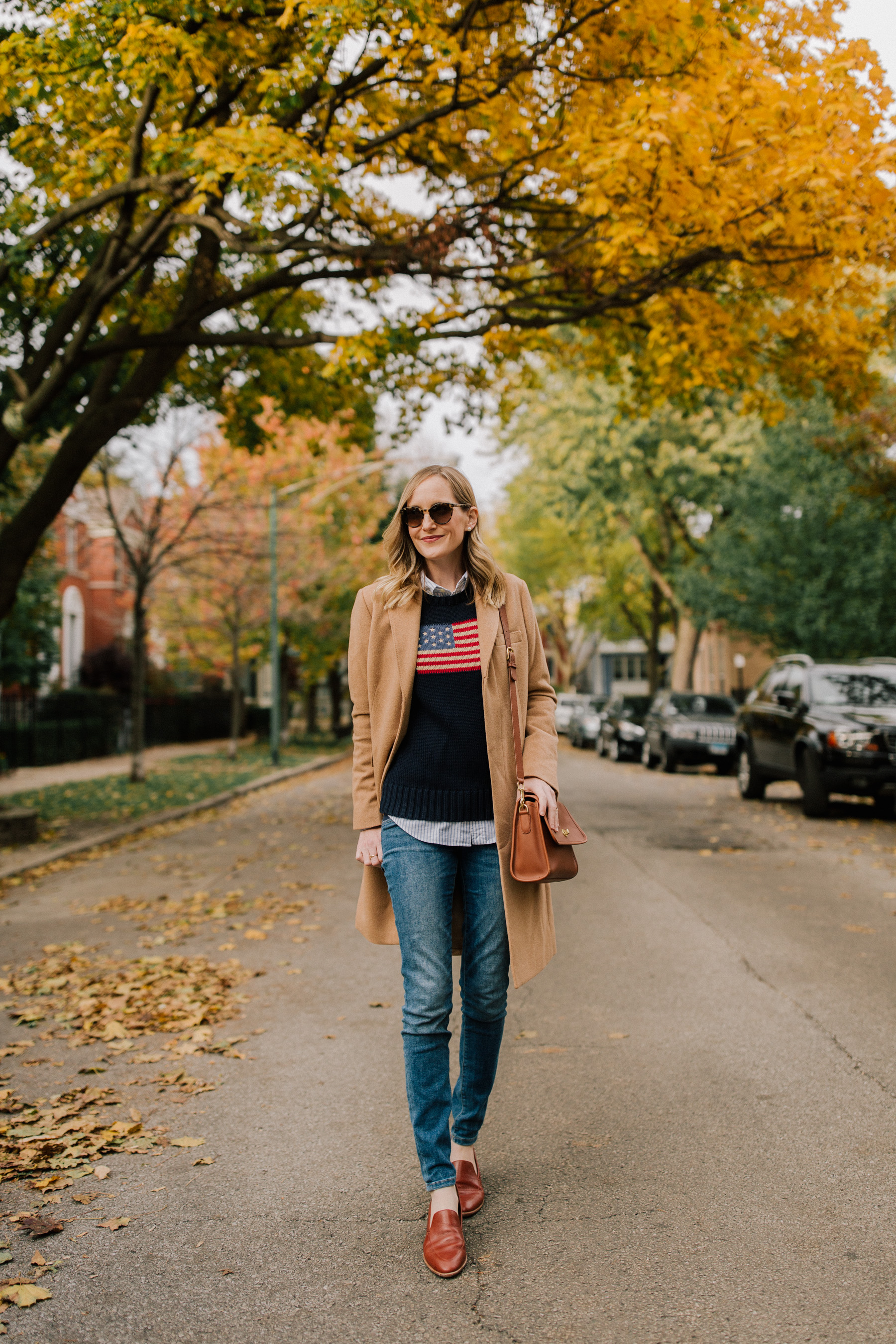 On Kelly: Ralph Lauren American Flag Sweater, Camel Coat, Striped Button Down