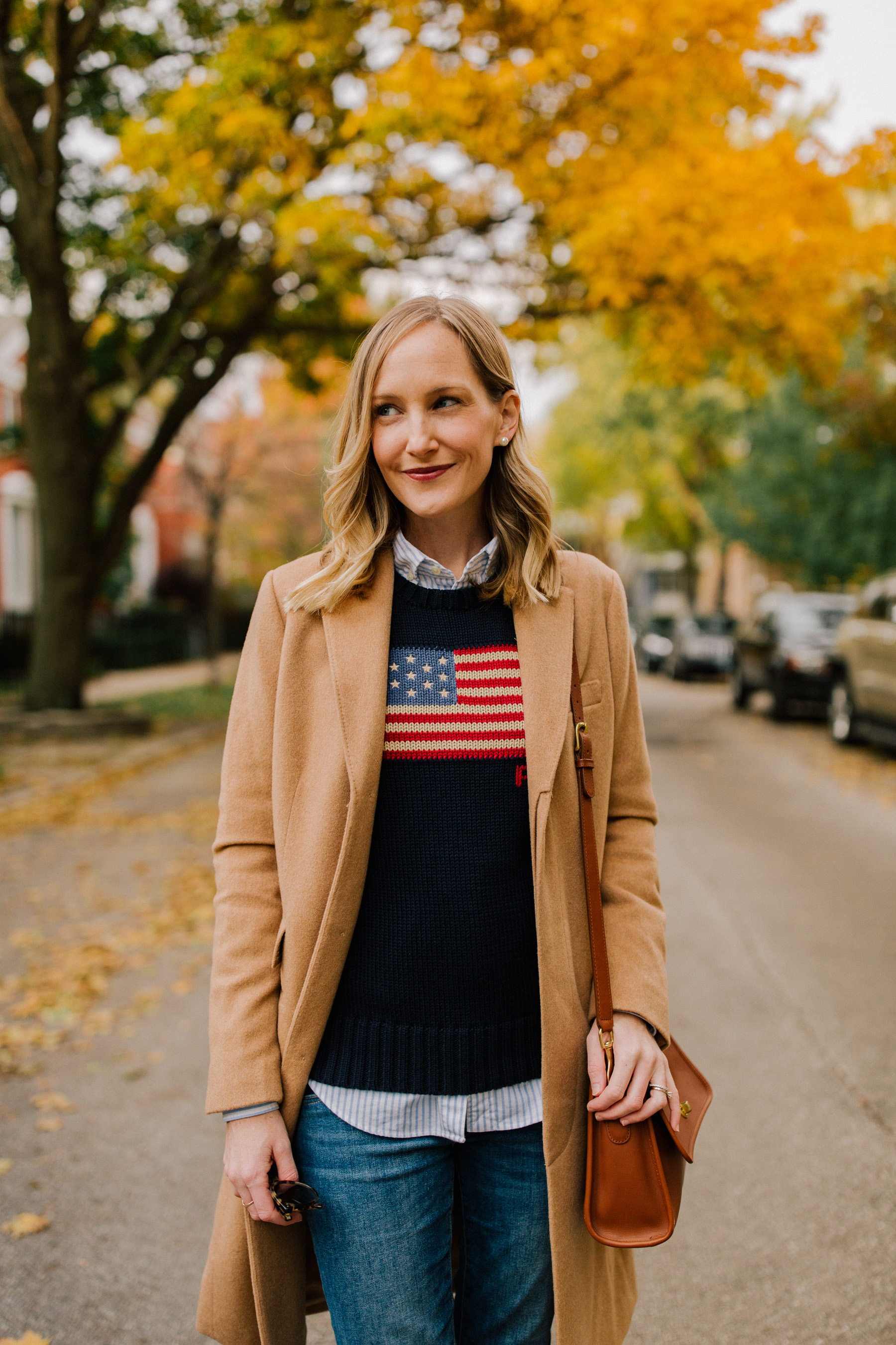 On Kelly: Ralph Lauren American Flag Sweater, Camel Coat, Striped Button Down
