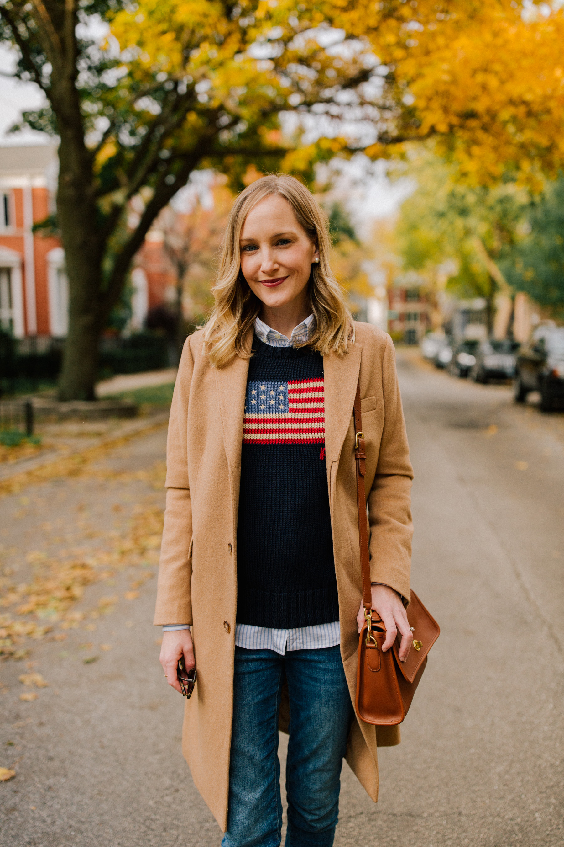 On Kelly: Ralph Lauren American Flag Sweater, Camel Coat, Striped Button Down