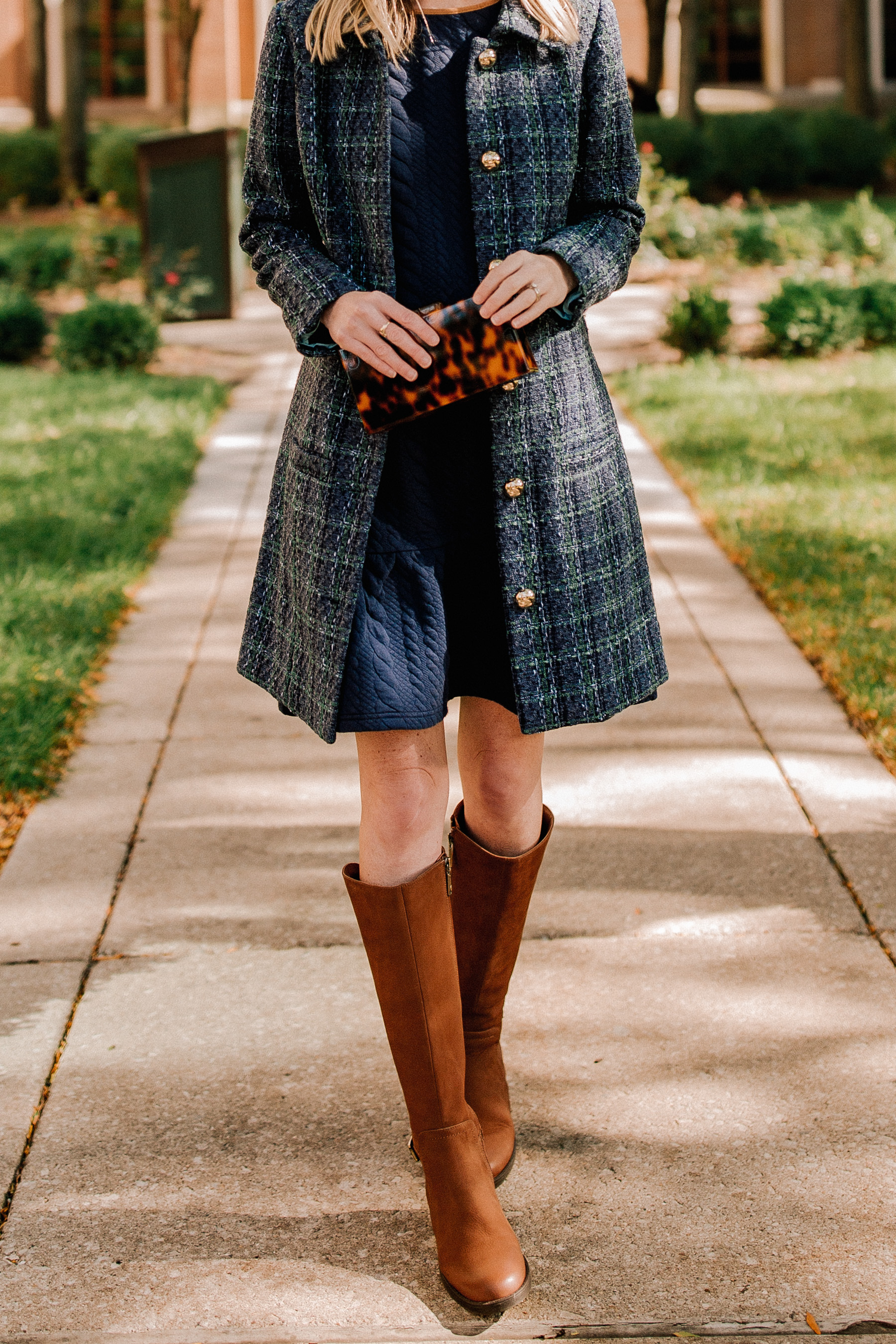 Sail to Sable Navy Tweed Coat and Navy Cable-Knit Dress c/o / Waterproof Leather Boots / Tortoise Clutch