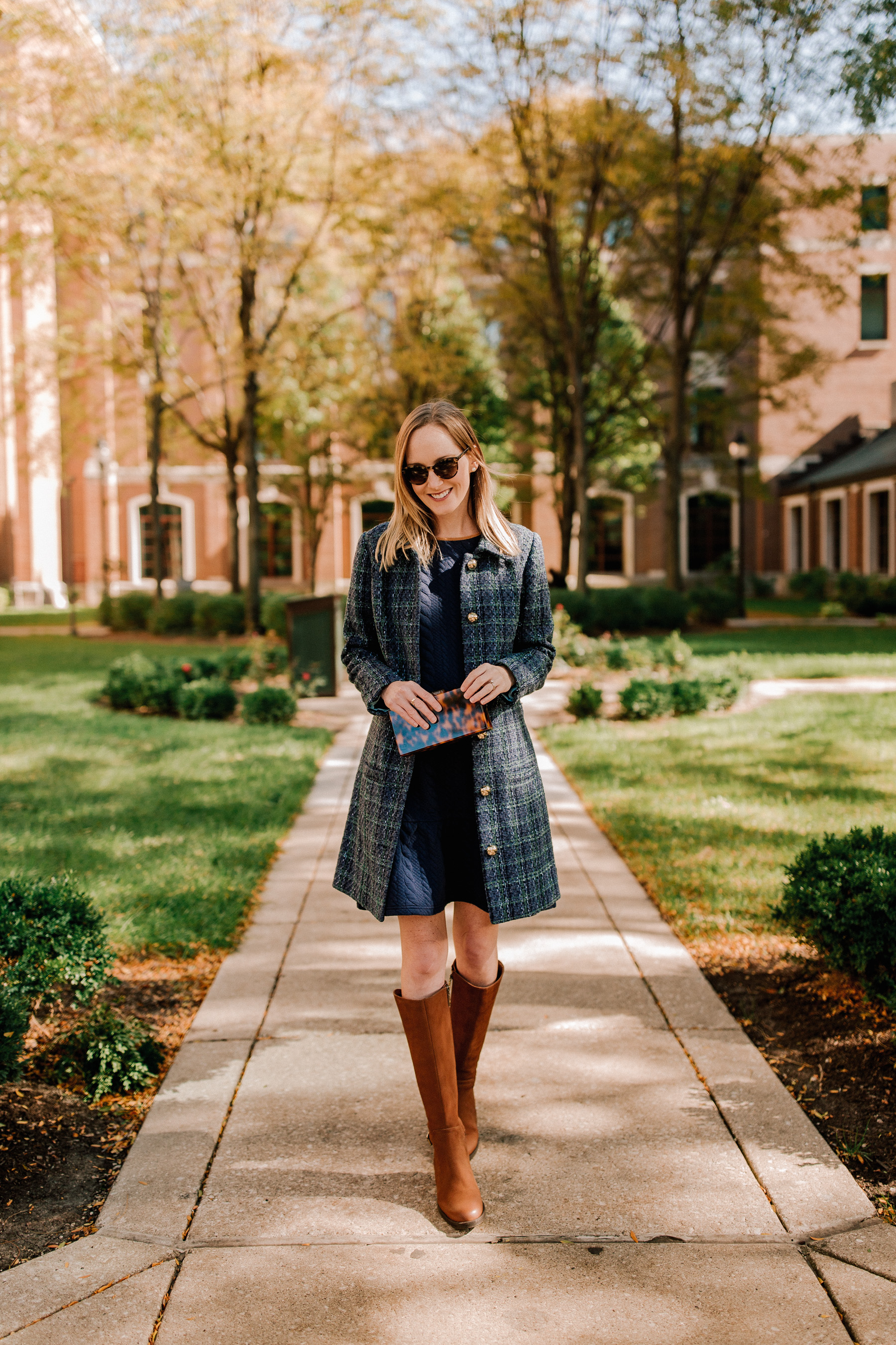 Sail to Sable Navy Tweed Coat and Navy Cable-Knit Dress c/o / Waterproof Leather Boots / Tortoise Clutch