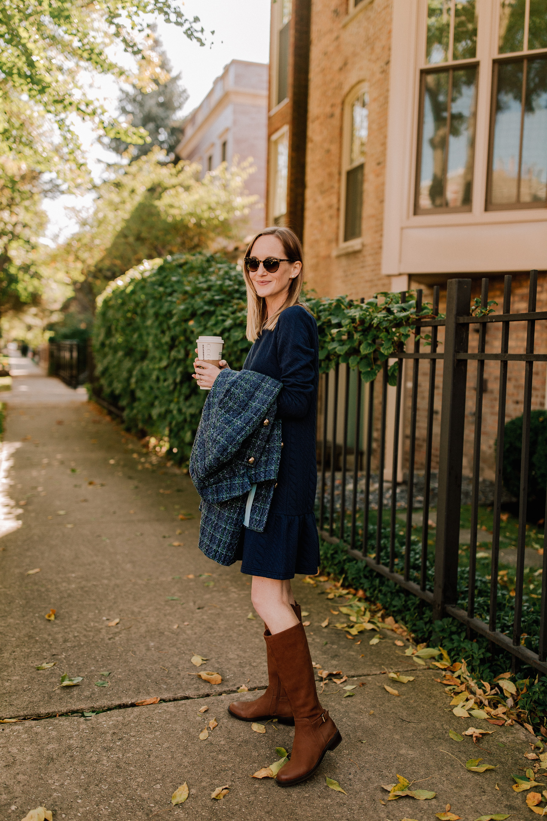 Sail to Sable Navy Tweed Coat and Navy Cable-Knit Dress c/o / Waterproof Leather Boots