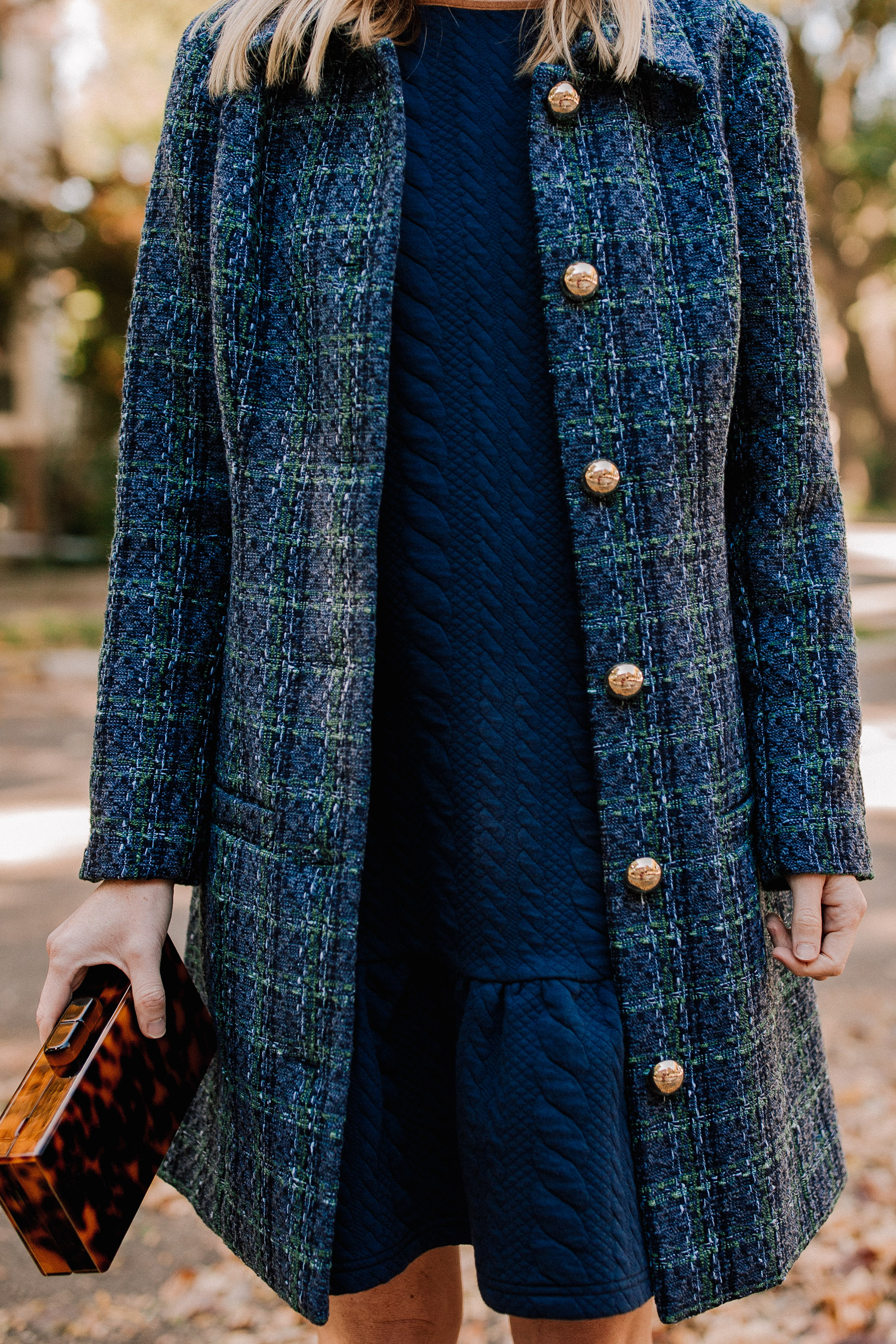 Sail to Sable Navy Tweed Coat and Navy Cable-Knit Dress 