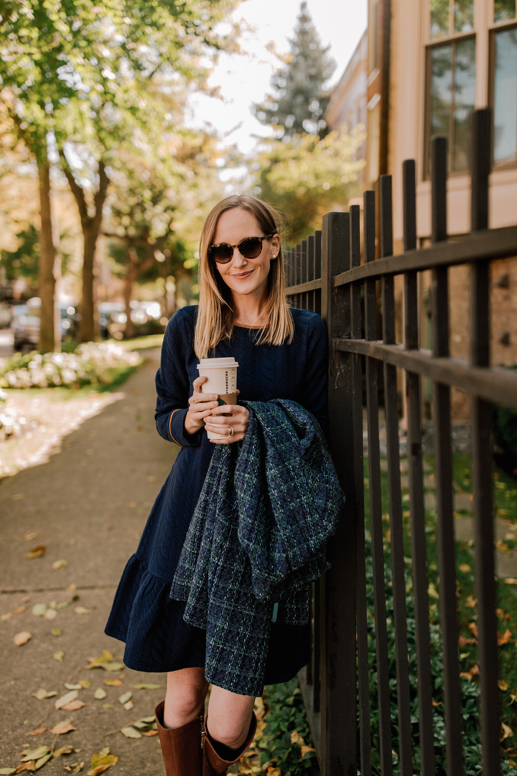 Sail to Sable Navy Tweed Coat and Navy Cable-Knit Dress