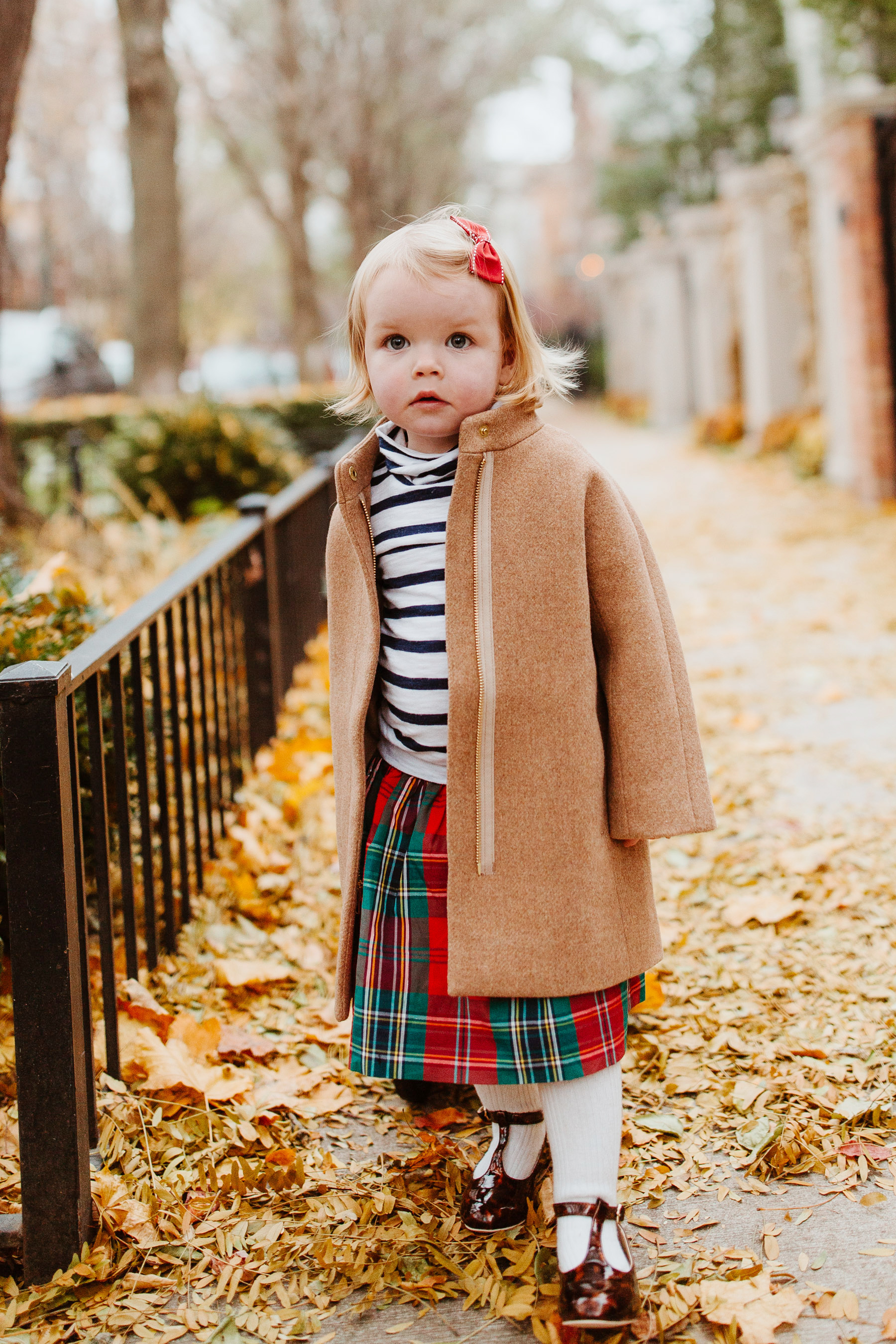 Emma's Outfit: Plaid Skirt, Toddler Cocoon Coat, Striped Turtleneck