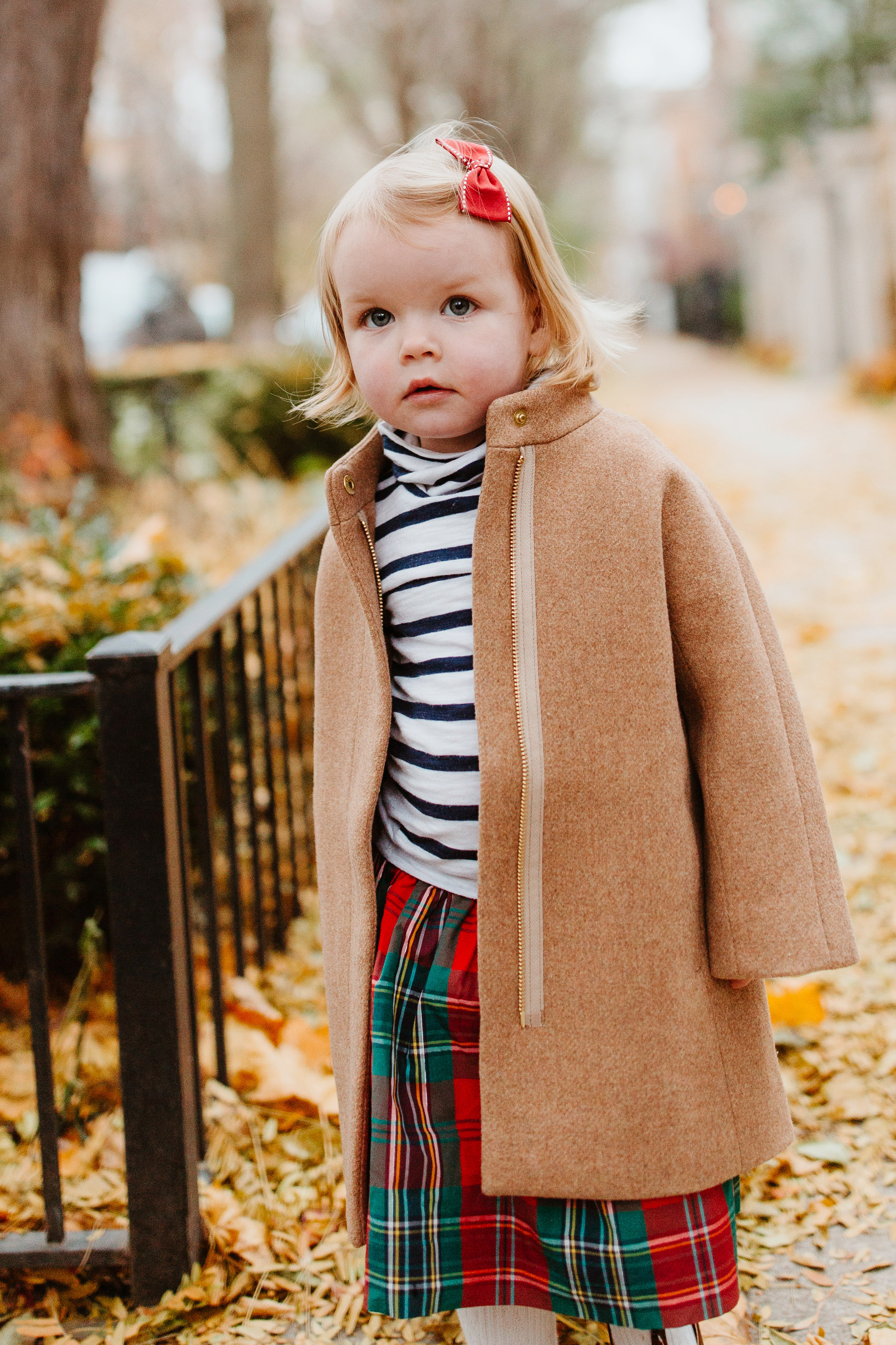 Emma's Outfit: Plaid Skirt, Toddler Cocoon Coat, Striped Turtleneck