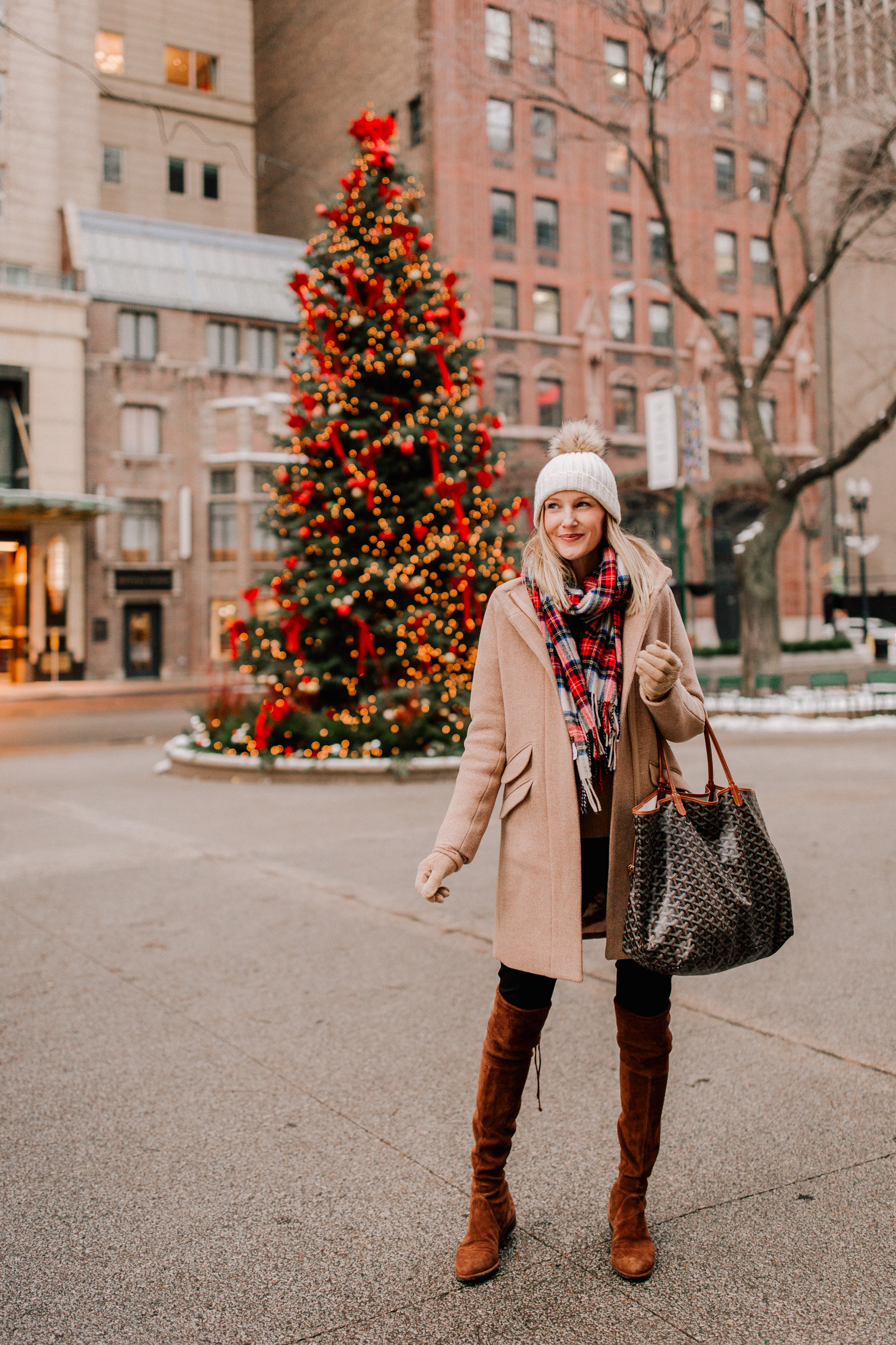 J.Crew Tartan Scarf / Cocoon Coat / Ralph Lauren Cable-Knit Sweater / Stuart Weitzman Boots / Halogen Seamed Leggings / Pom Pom Hat / Ralph Lauren Blazer / Goyard Bag