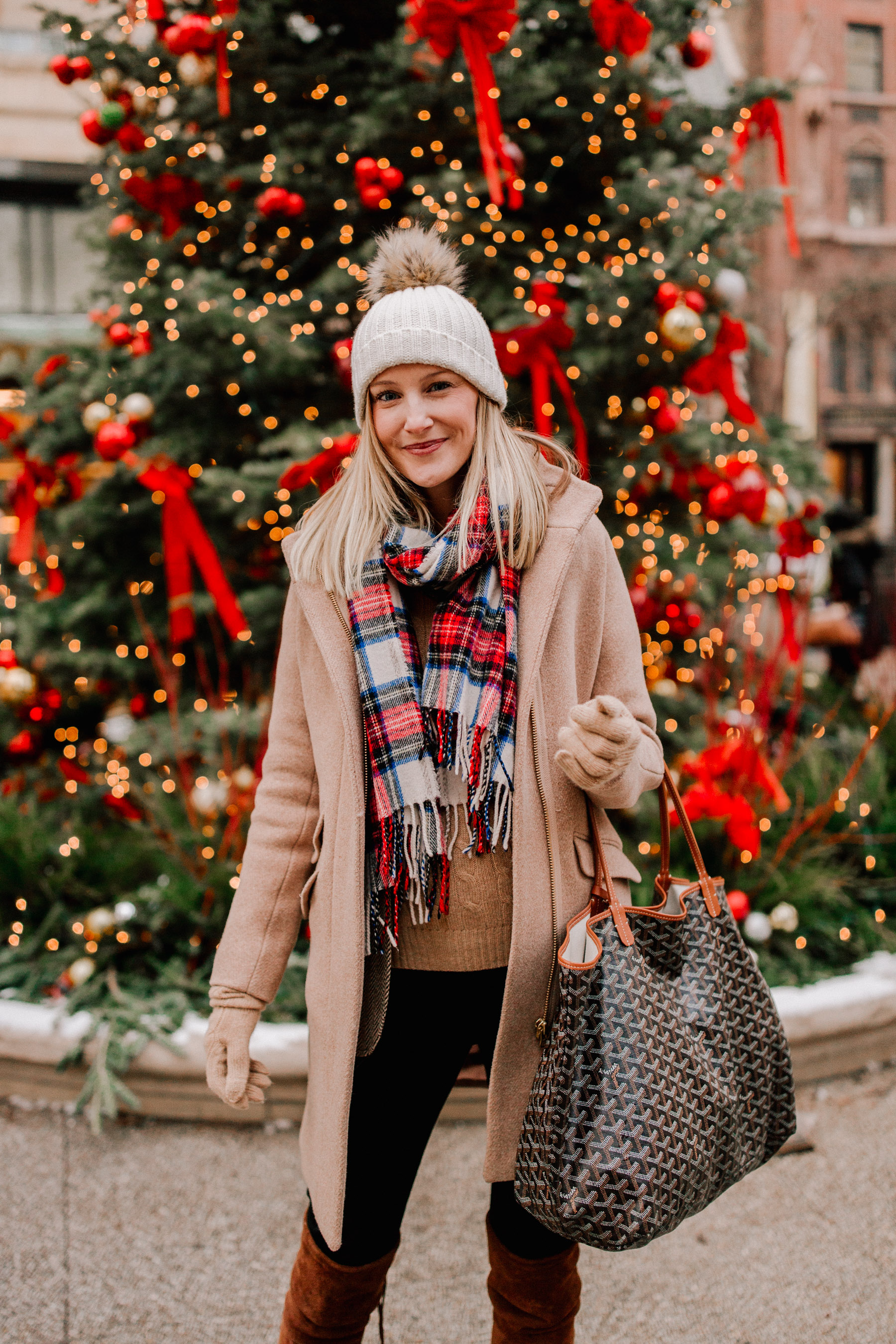 J.Crew Tartan Scarf / Cocoon Coat / Ralph Lauren Cable-Knit Sweater / Halogen Seamed Leggings / Pom Pom Hat / Ralph Lauren Blazer / Goyard Bag