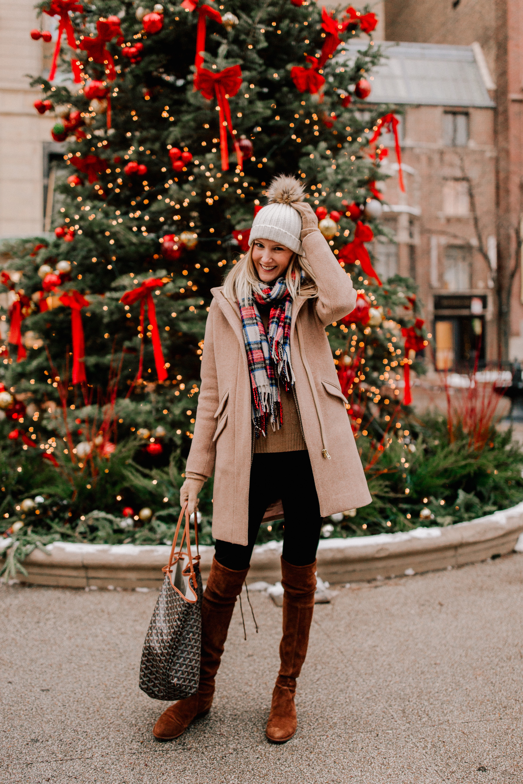 J.Crew Tartan Scarf / Cocoon Coat / Ralph Lauren Cable-Knit Sweater / Stuart Weitzman Boots / Halogen Seamed Leggings / Pom Pom Hat / Ralph Lauren Blazer / Goyard Bag