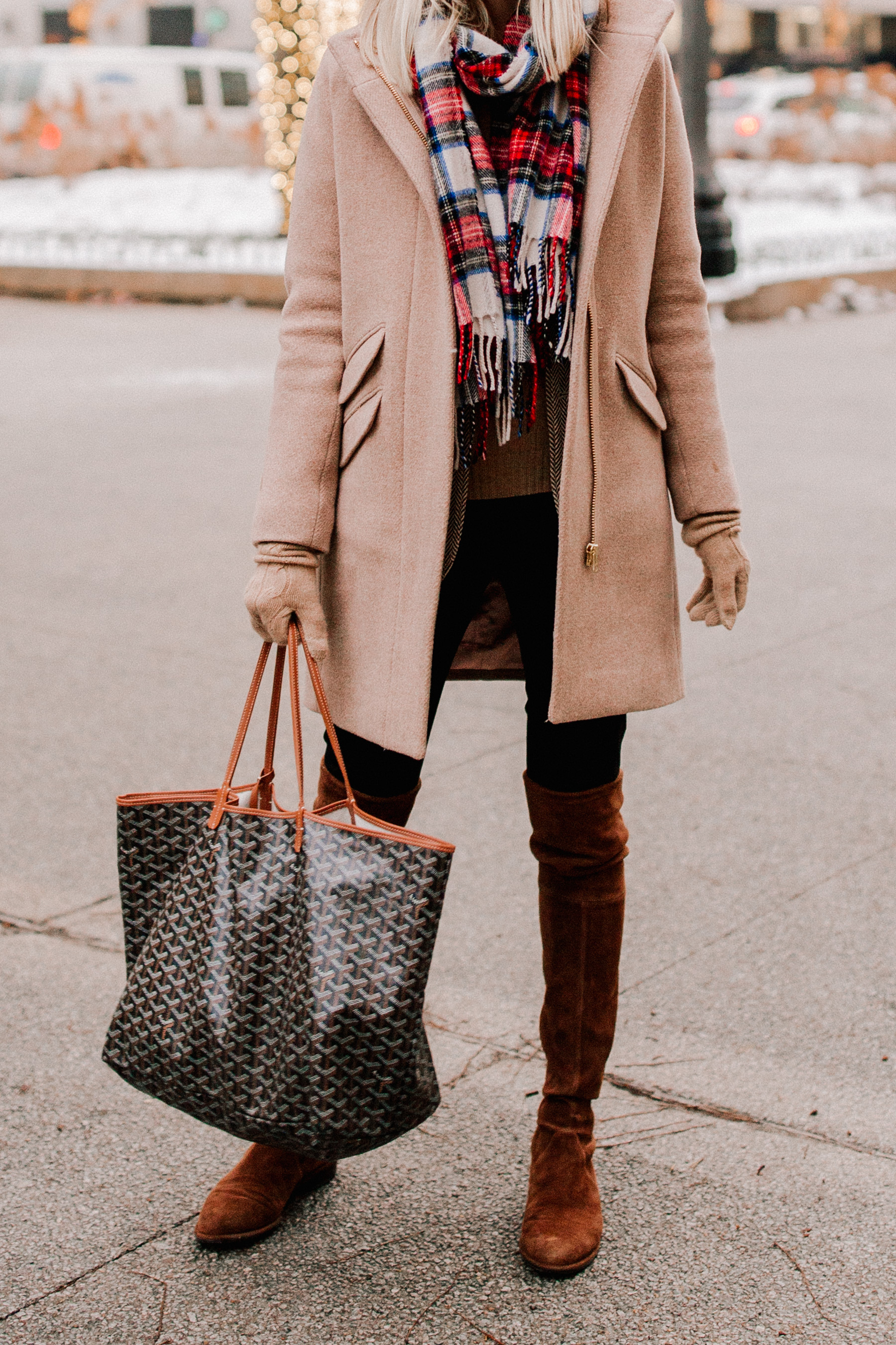 J.Crew Tartan Scarf / Cocoon Coat / Ralph Lauren Cable-Knit Sweater / Stuart Weitzman Boots / Halogen Seamed Leggings / Pom Pom Hat / Ralph Lauren Blazer / Goyard Bag