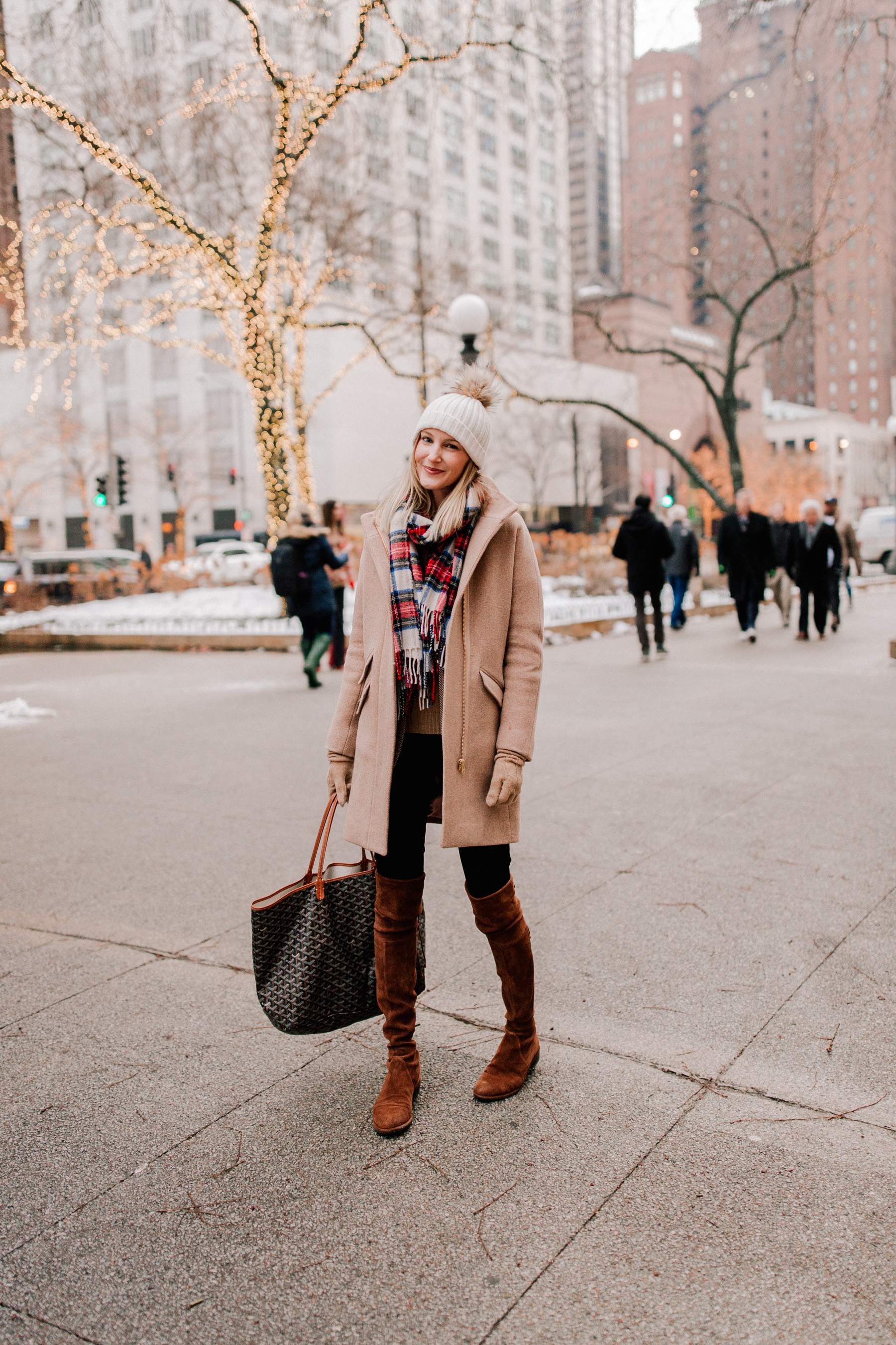 J.Crew Tartan Scarf / Cocoon Coat / Ralph Lauren Cable-Knit Sweater / Stuart Weitzman Boots / Halogen Seamed Leggings / Pom Pom Hat / Ralph Lauren Blazer / Goyard Bag