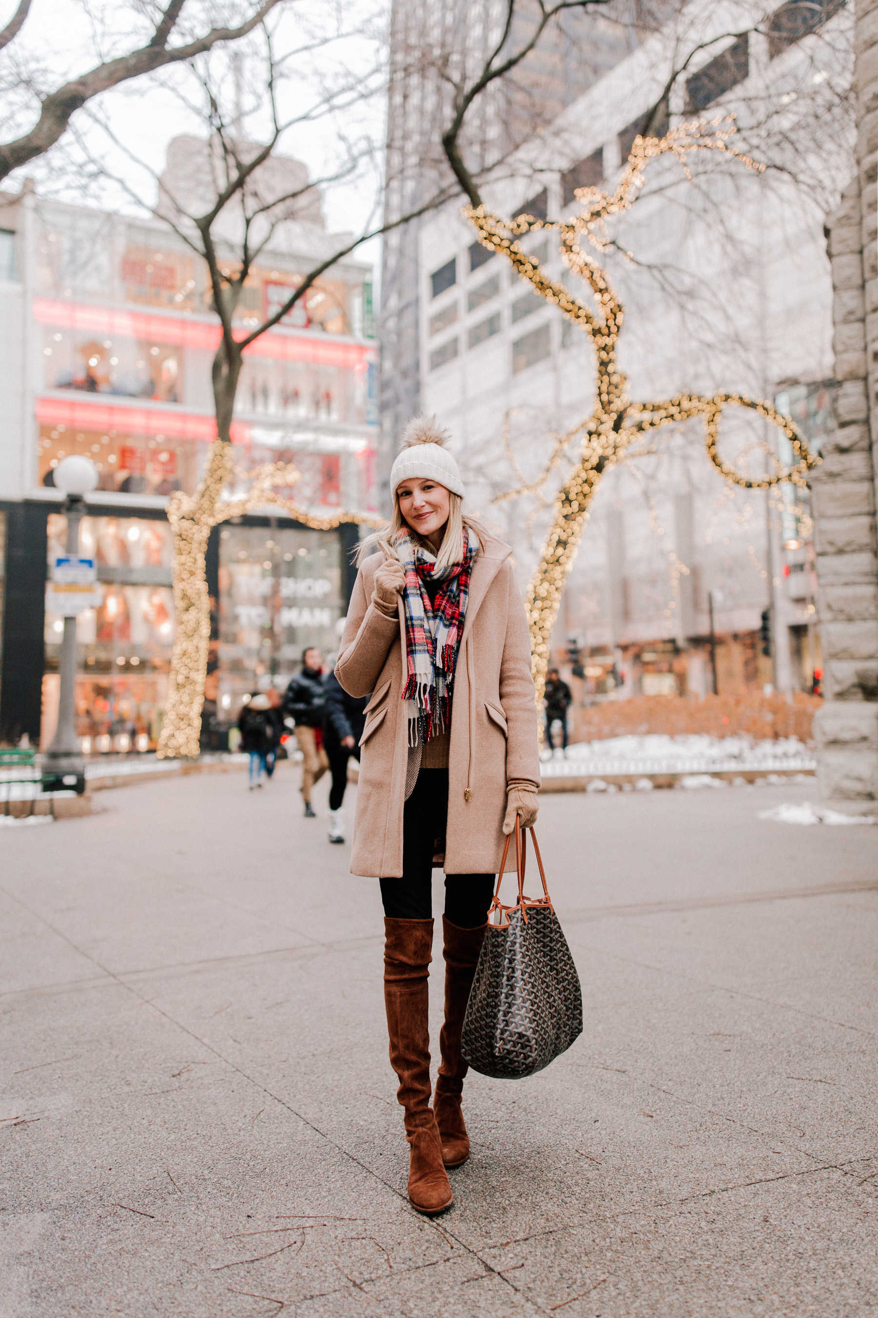 J.Crew Tartan Scarf / Cocoon Coat / Ralph Lauren Cable-Knit Sweater / Stuart Weitzman Boots / Halogen Seamed Leggings / Pom Pom Hat / Goyard Bag