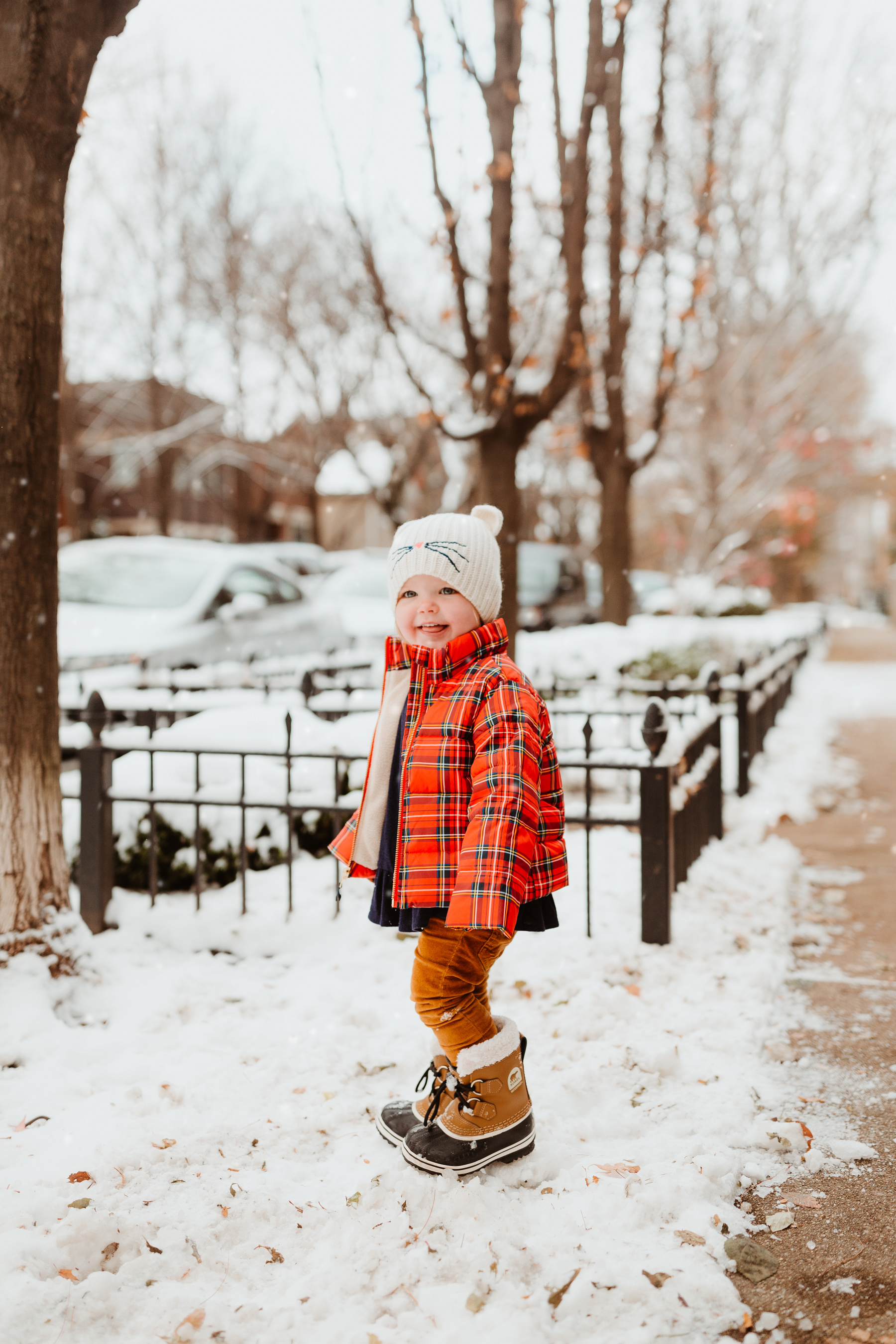 Emma: Toddler Sorel Snow Boots and Plaid Coat