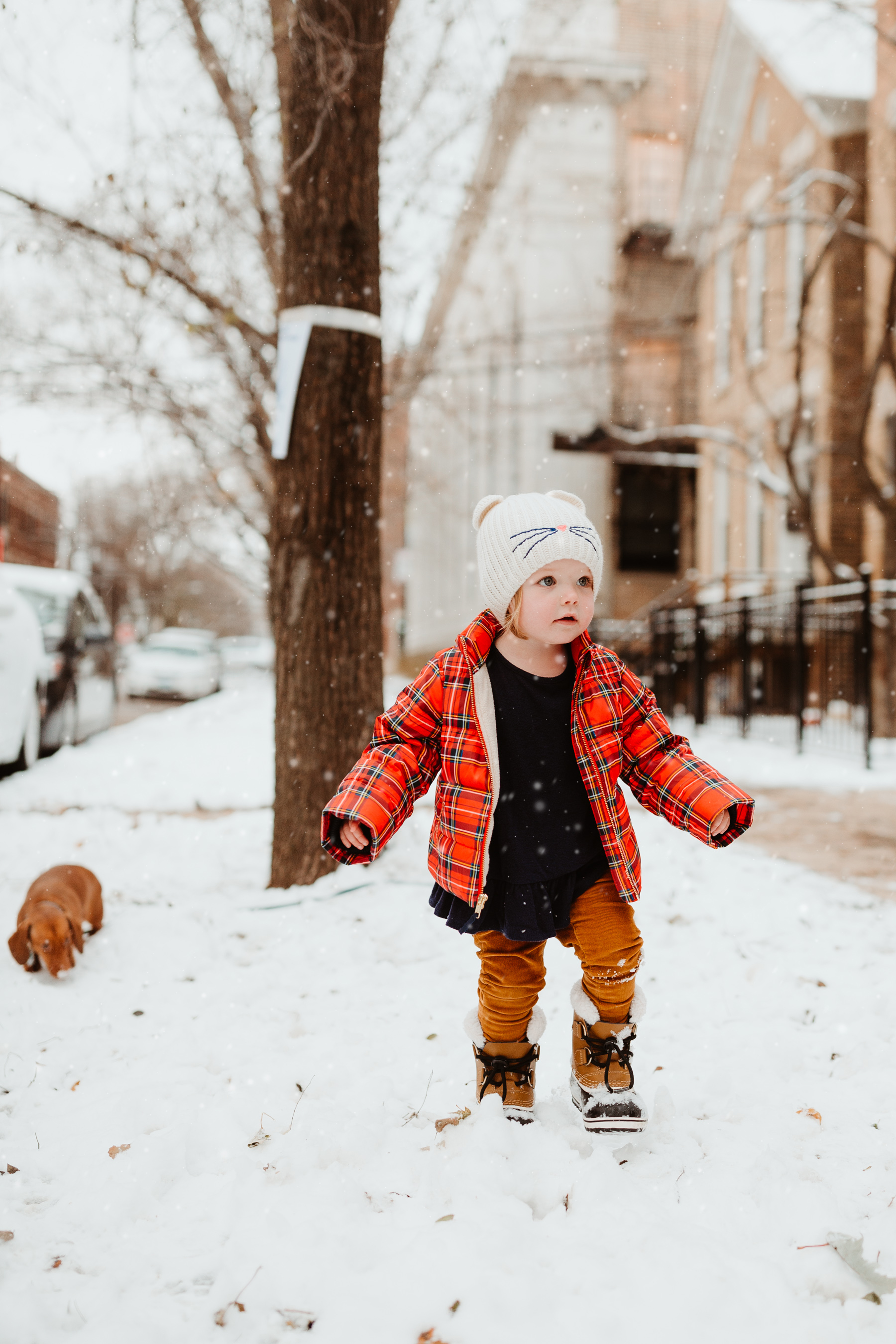 Emma: Toddler Sorel Snow Boots and Plaid Coat