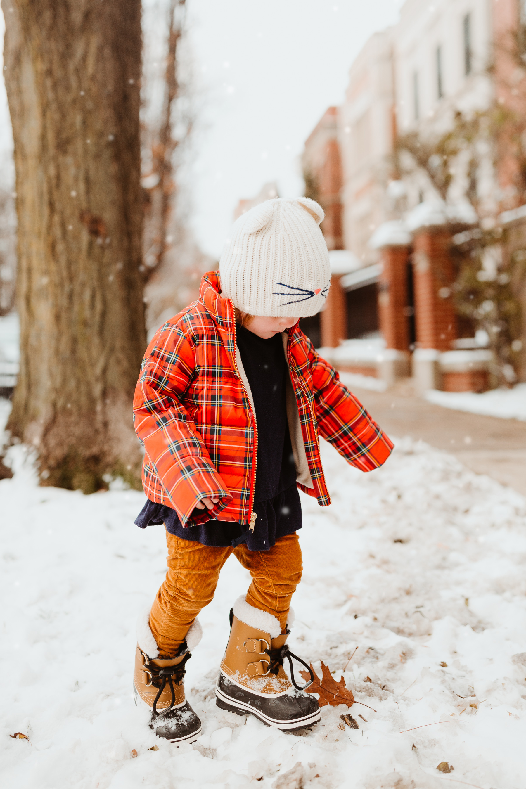 Emma: Toddler Sorel Snow Boots and Plaid Coat