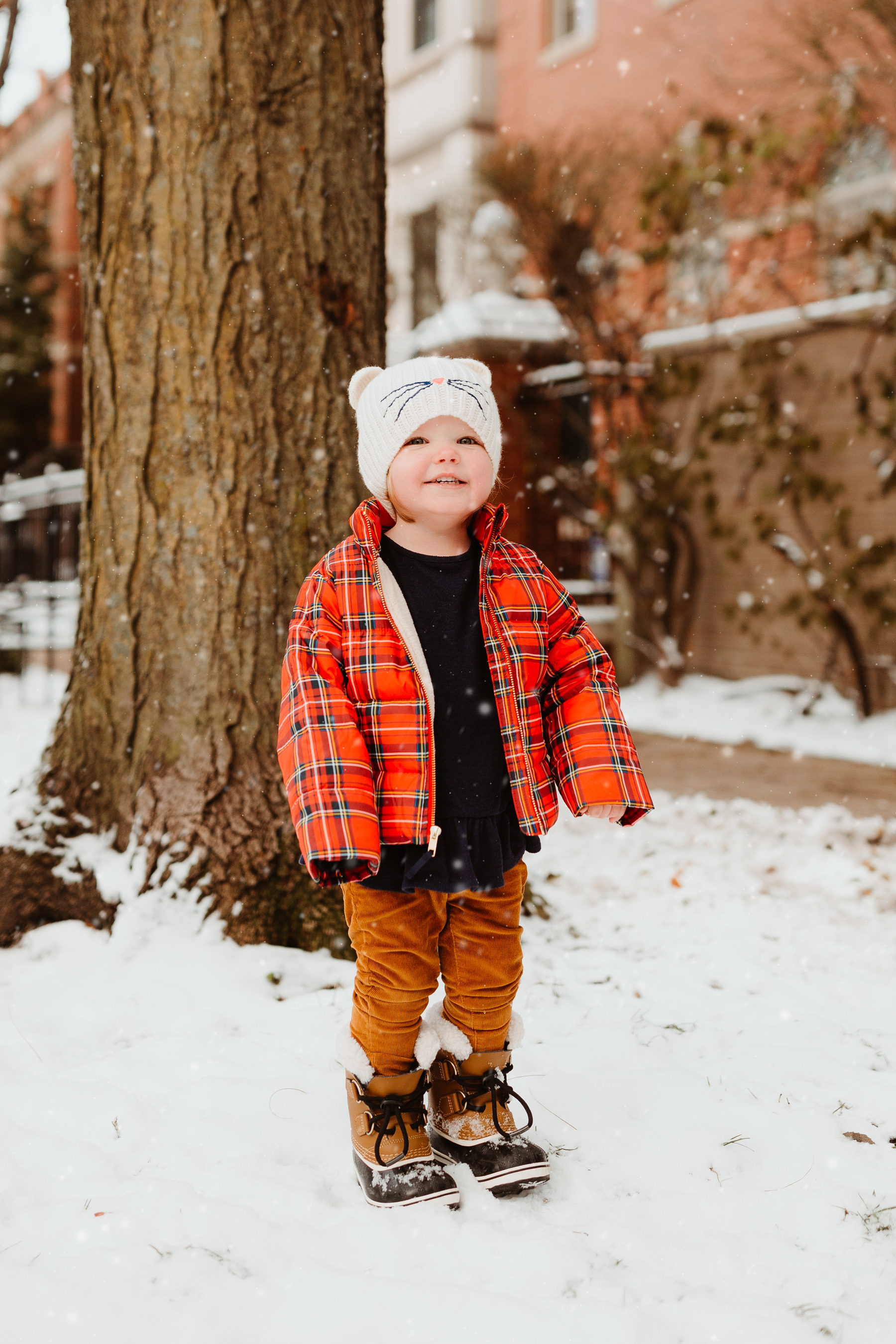 Emma: Toddler Sorel Snow Boots and Plaid Coat