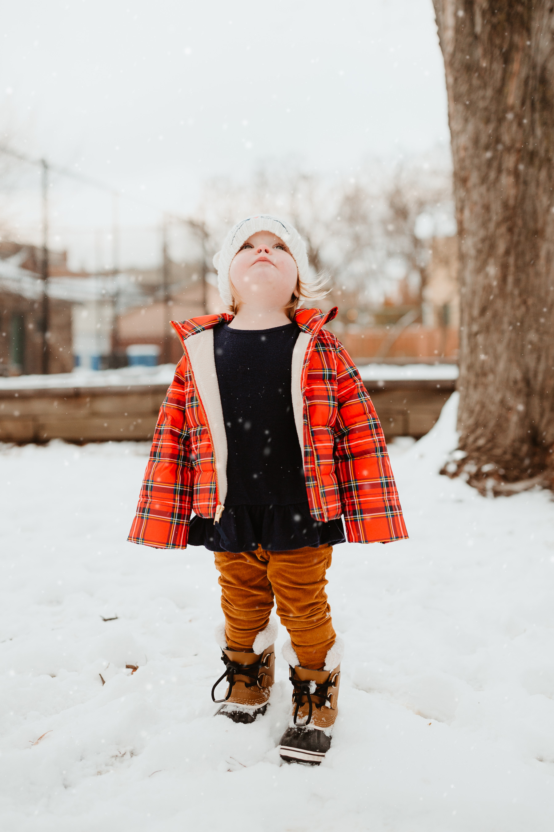 Emma: Toddler Sorel Snow Boots and Plaid Coat