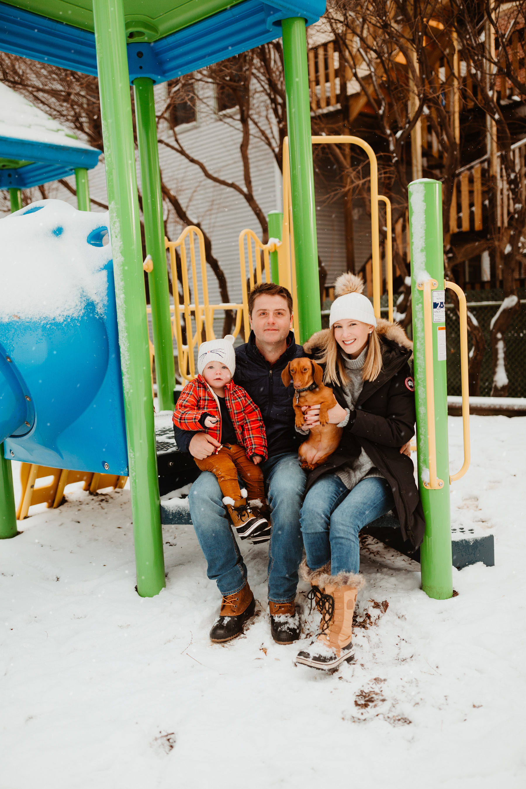 Mitch: Patagonia Nano Puff and Sorel Cheyenne Waterproof Boot / Kelly: Cable-Knit Sweater, Navy Down Parka, Sorel Tofino II Boots and DL1961 Jeans / Emma: Toddler Sorel Snow Boots and Plaid Coat