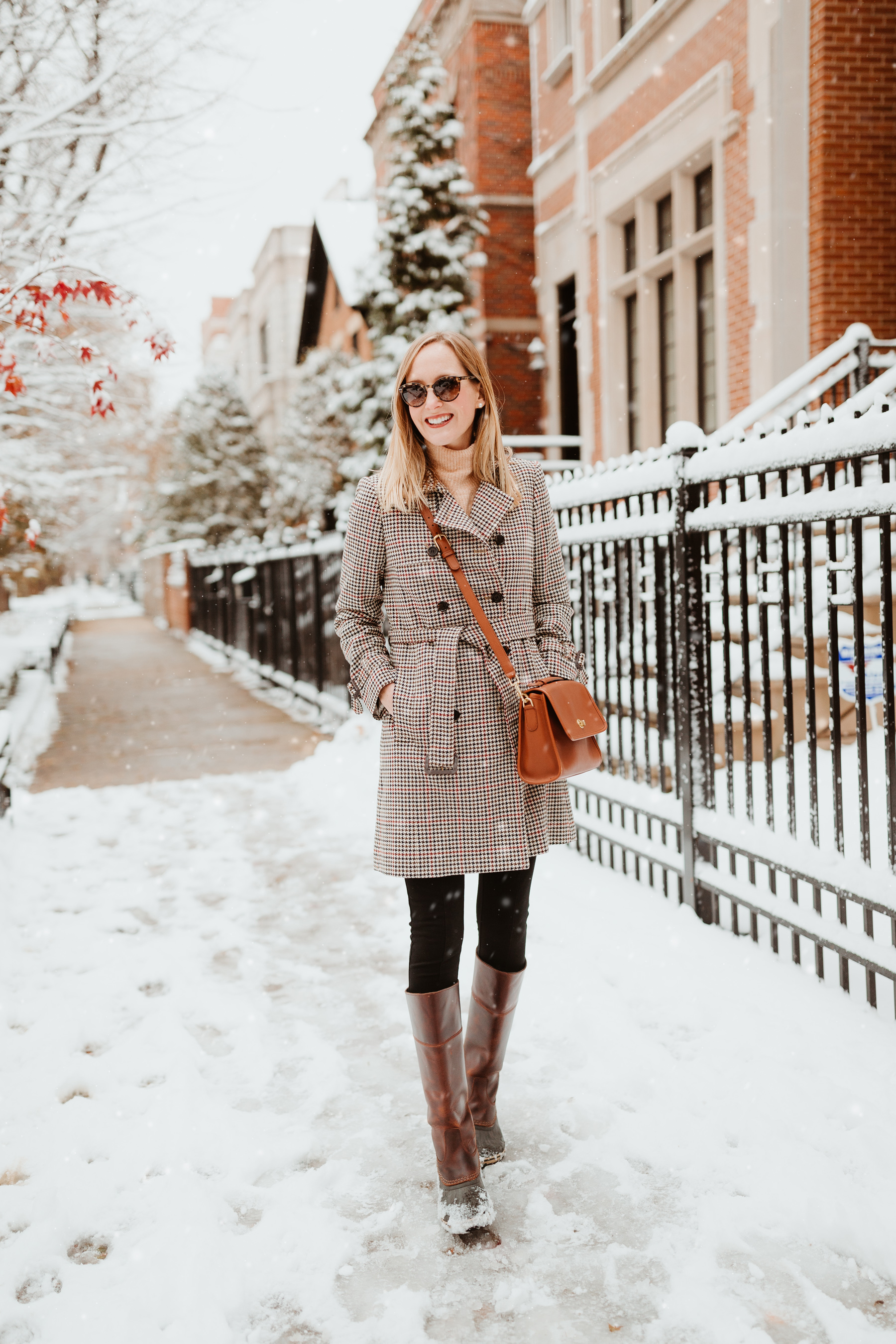 Coach Court Bag / Sorel Slimpack Riding Boots /J.Crew Icon Houndstooth Trench Coat in Italian Wool