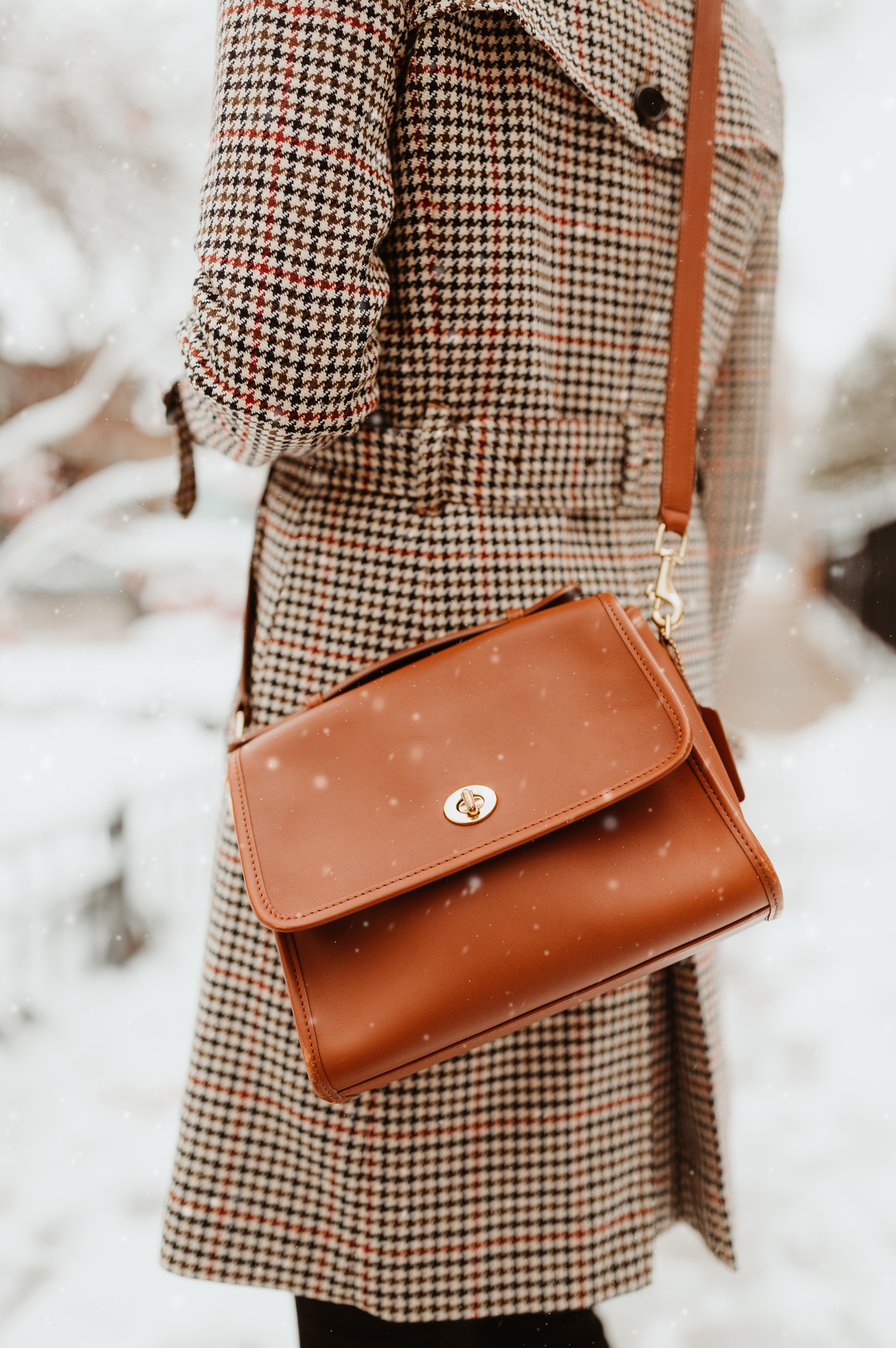 Coach Court Bag / J.Crew Icon Houndstooth Trench Coat in Italian Wool