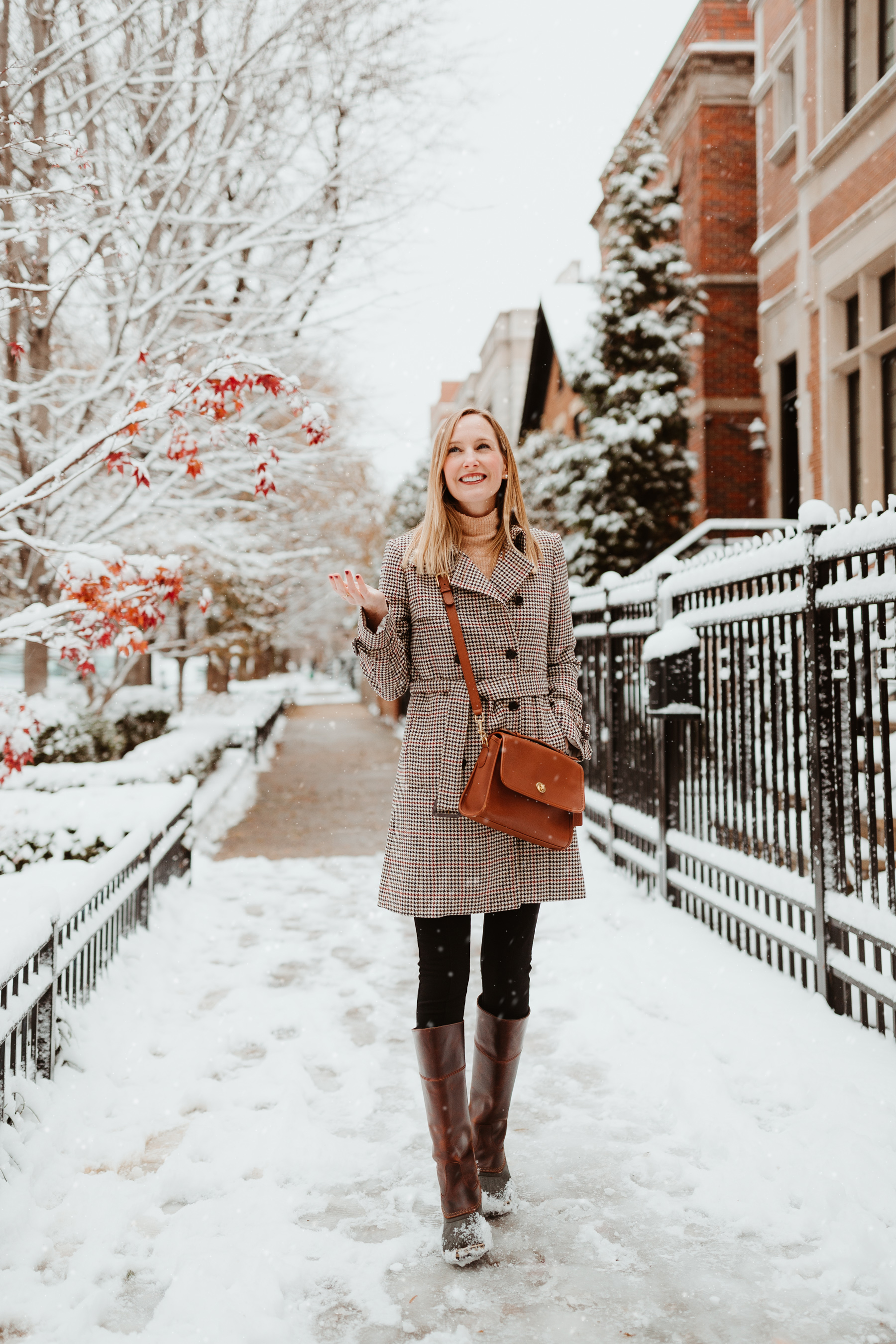 Coach Court Bag / Sorel Slimpack Riding Boots /J.Crew Icon Houndstooth Trench Coat in Italian Wool